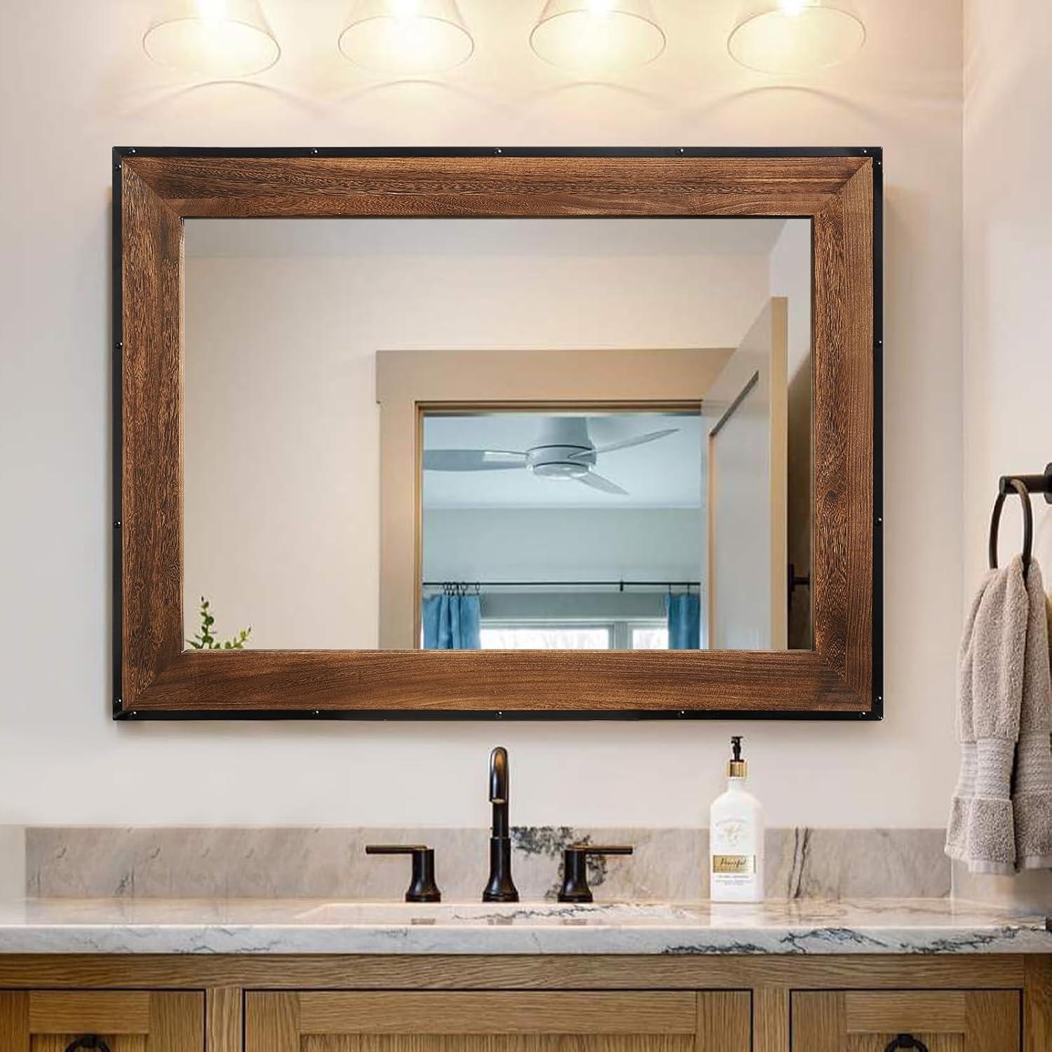 Rustic Natural Wood and Iron Rectangular Wall Mirror