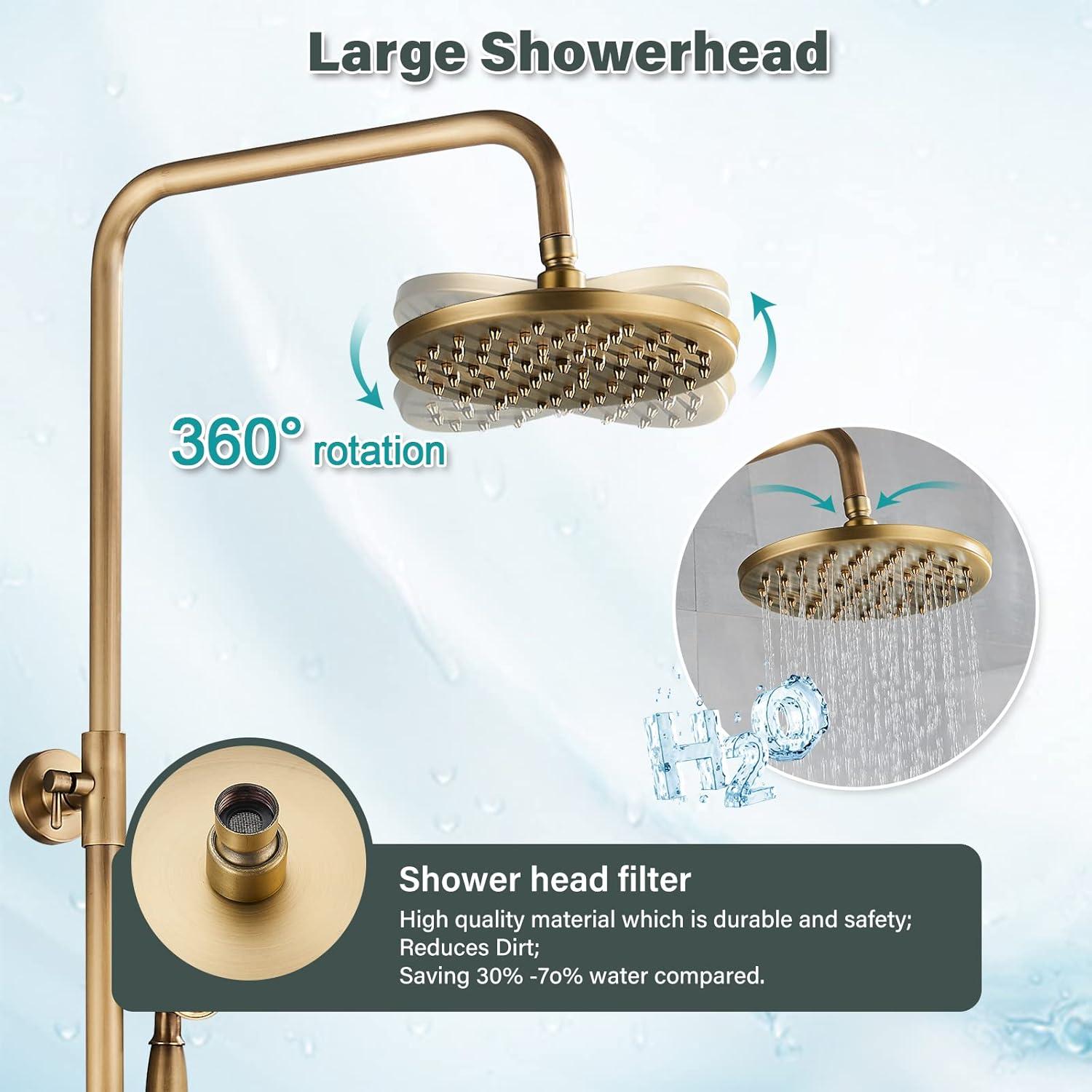 Zovajonia Antique Brass Shower Fixture Set 8" Rain 2 Knobs Shower Faucet Combo System