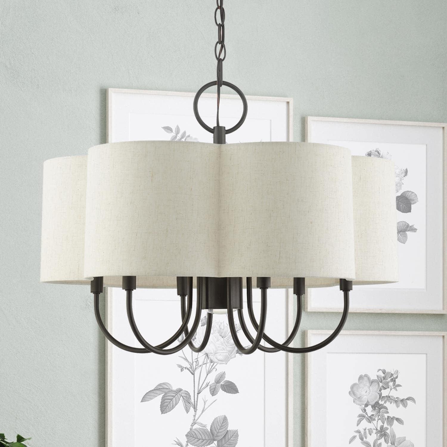 Elegant Solstice English Bronze 7-Light Chandelier with Oatmeal Shade