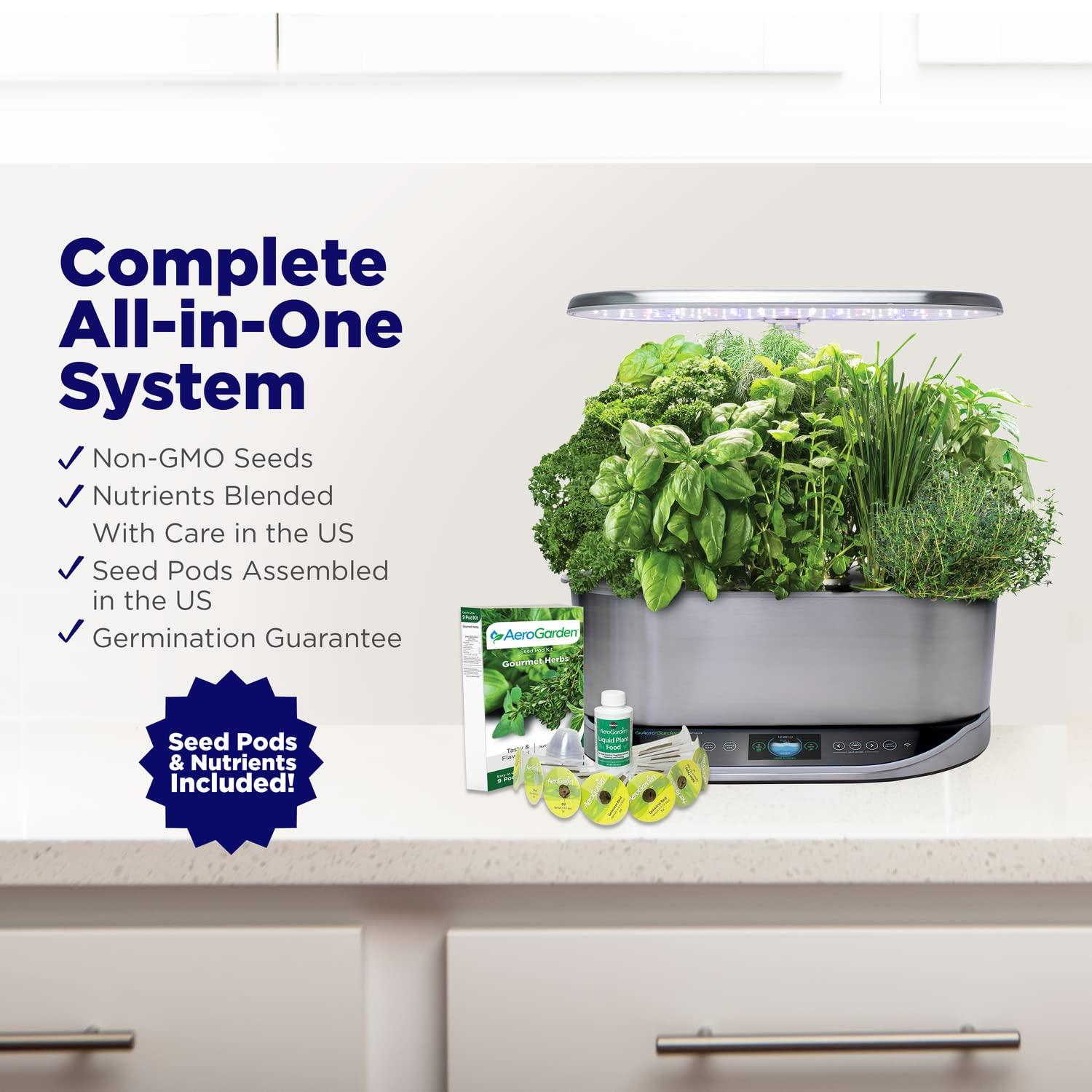 AeroGarden Bounty Elite - Jardín Interior con Luz de Cultivo LED, Acero Inoxidable Platino