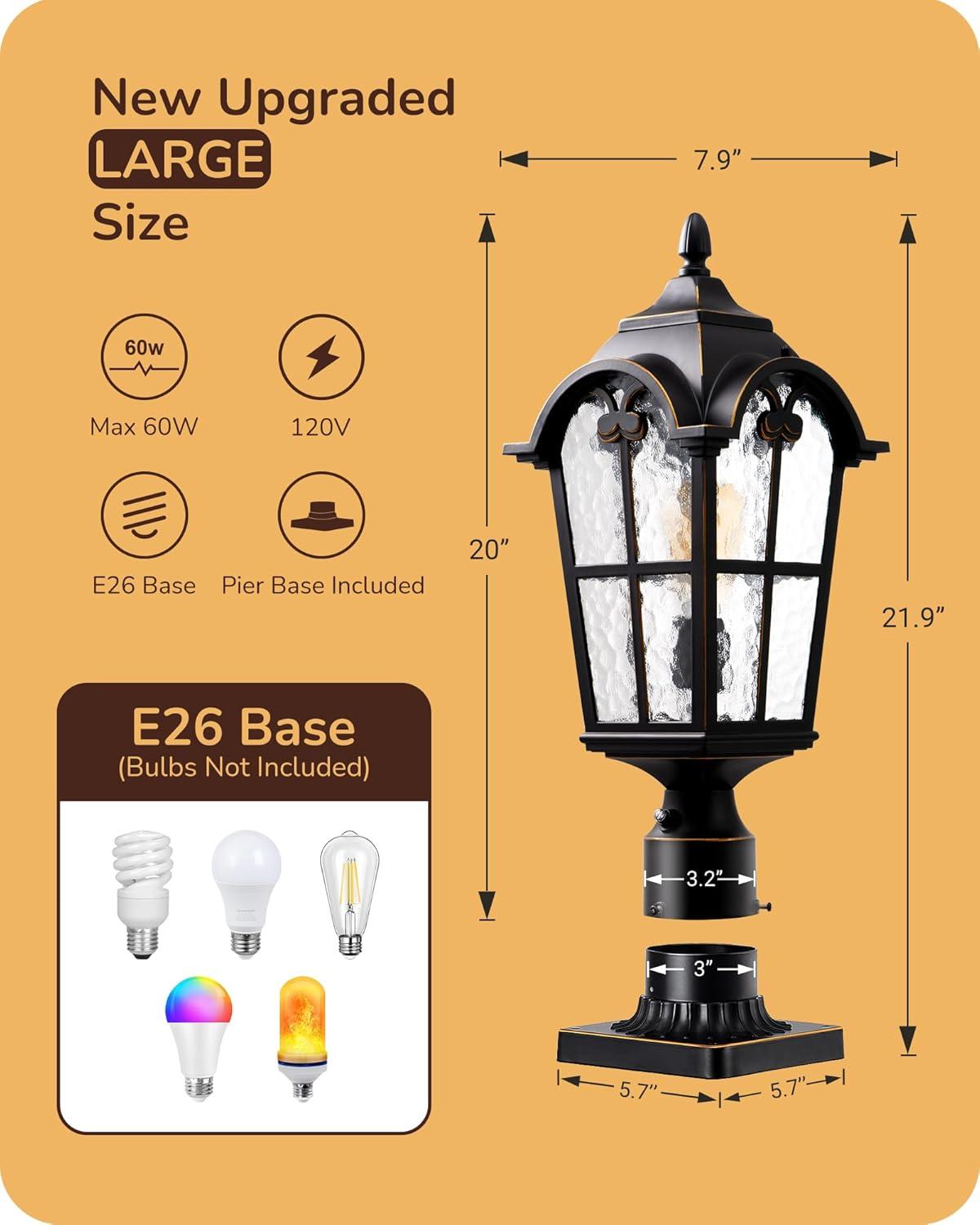 EDISHINE Large Size Dusk to Dawn Outdoor Post Light, 21.9'' H Pole Light Fixture with Pier Mount Base, Waterproof Exterior Lamp Post Lantern Head for Yard, Driveway, Fence, Black