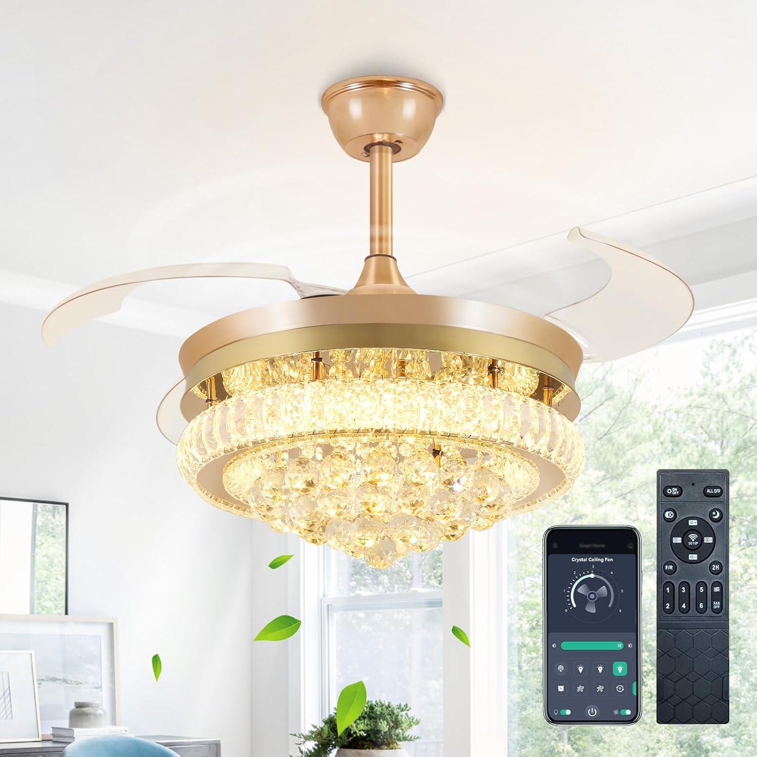 HOOMEDELIER 42" Chandelier Ceiling Fan with Remote, Crystal Beads Framed Fan with 4 Retractable Blades Smart Indoor Fandelier Fan