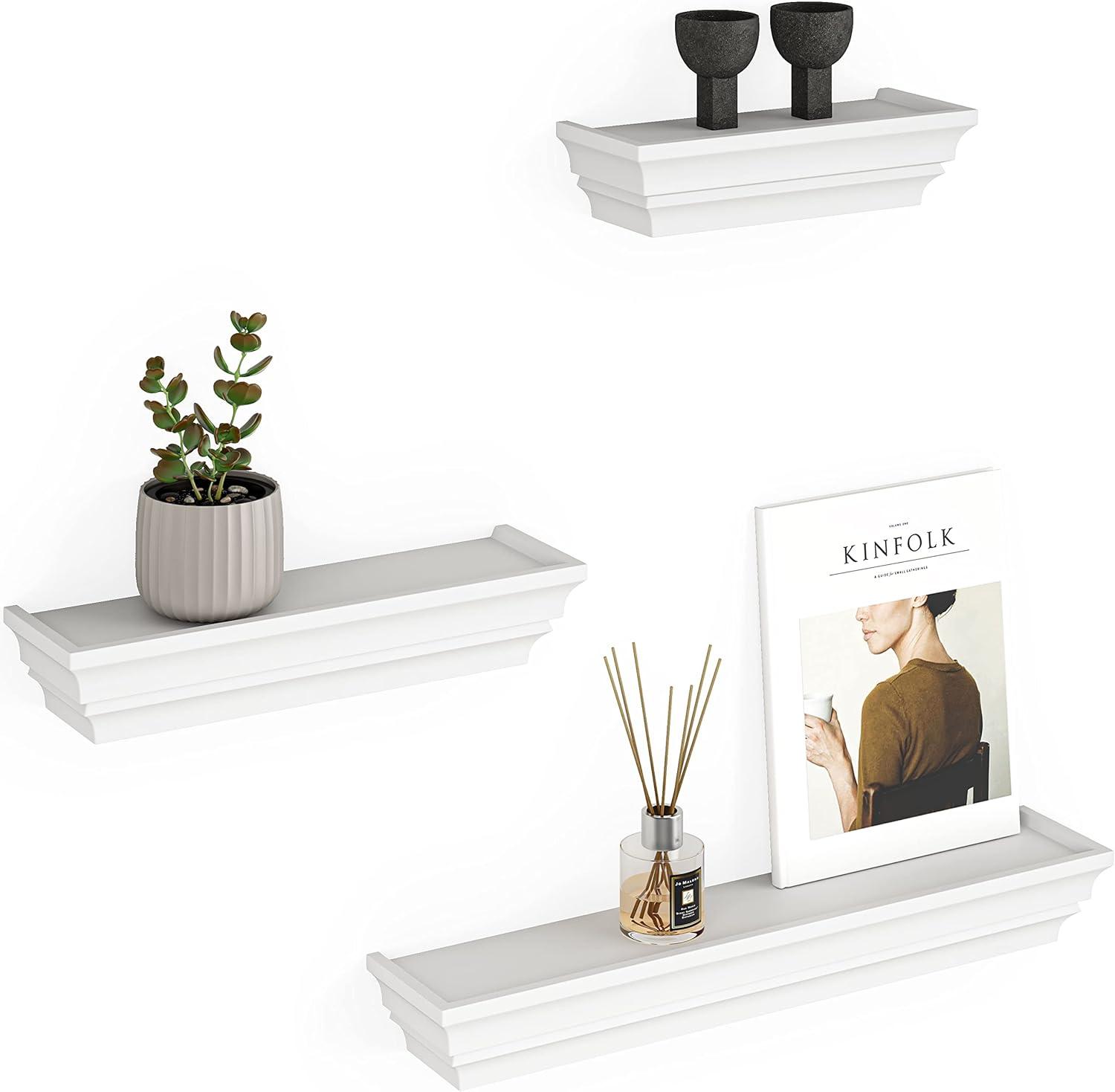 Ballucci Victorian Wall Ledge and Shelf, Wood Floating Wall Shelves Set, 12", 16", 24", Set of 3, White