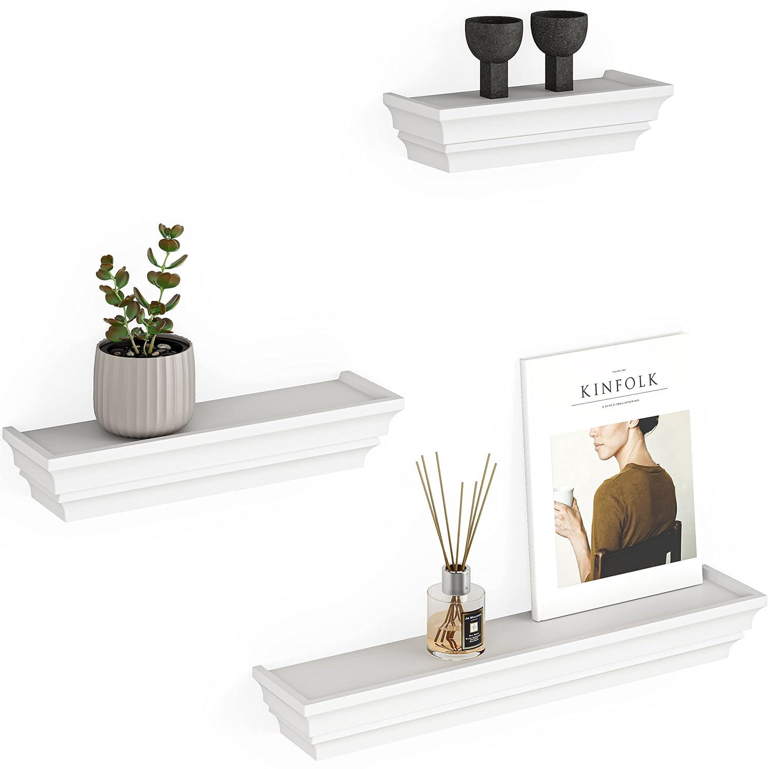 Ballucci Victorian Wall Ledge and Shelf, Wood Floating Wall Shelves Set, 12", 16", 24", Set of 3, White