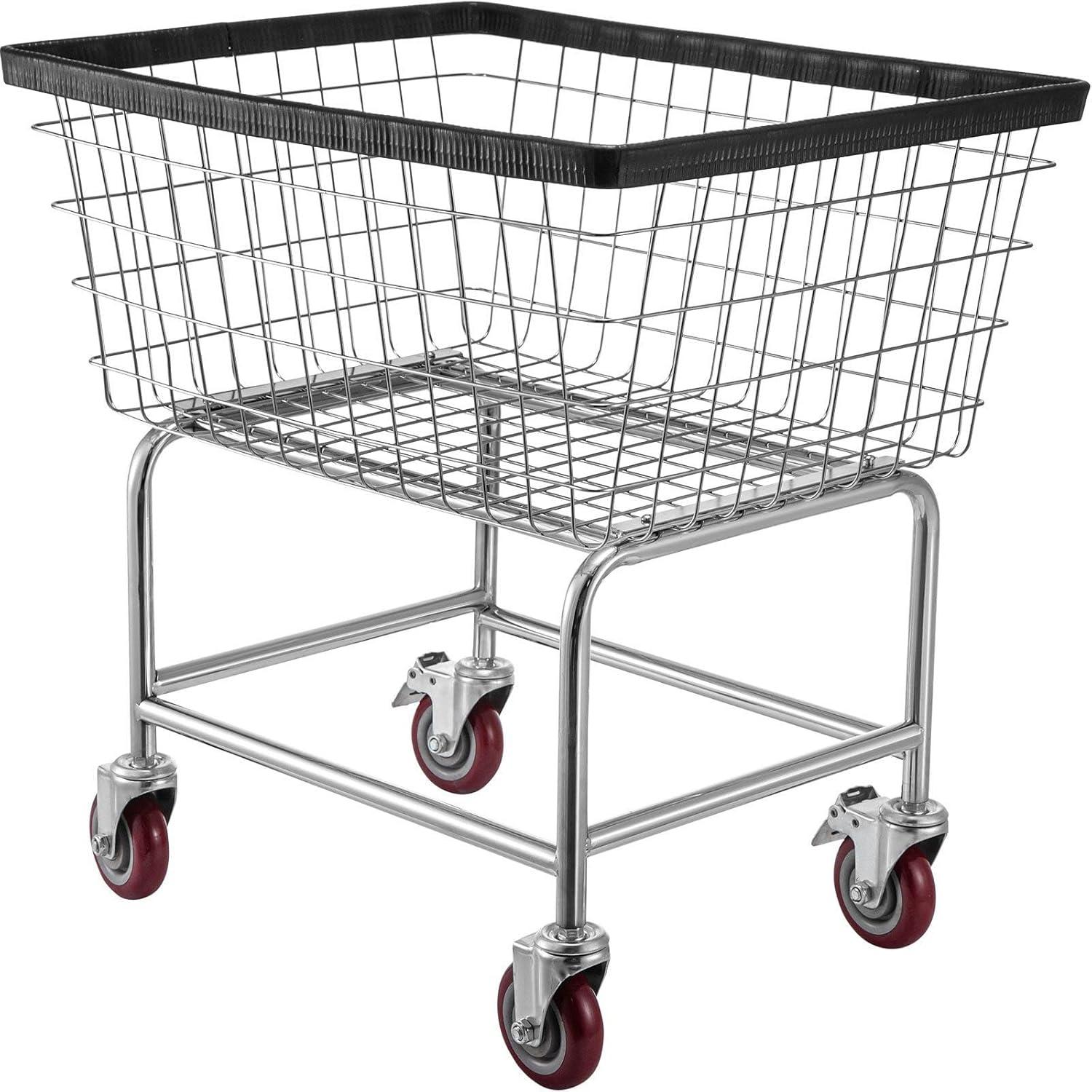 Wire Laundry Cart, 2.5 Bushel Wire Laundry Basket with Wheels, 21''x27''x27.5'' Commercial Wire Laundry Basket Cart, Steel Frame with Chrome Finish, 4inch Casters, Wire Basket Cart For Laundry