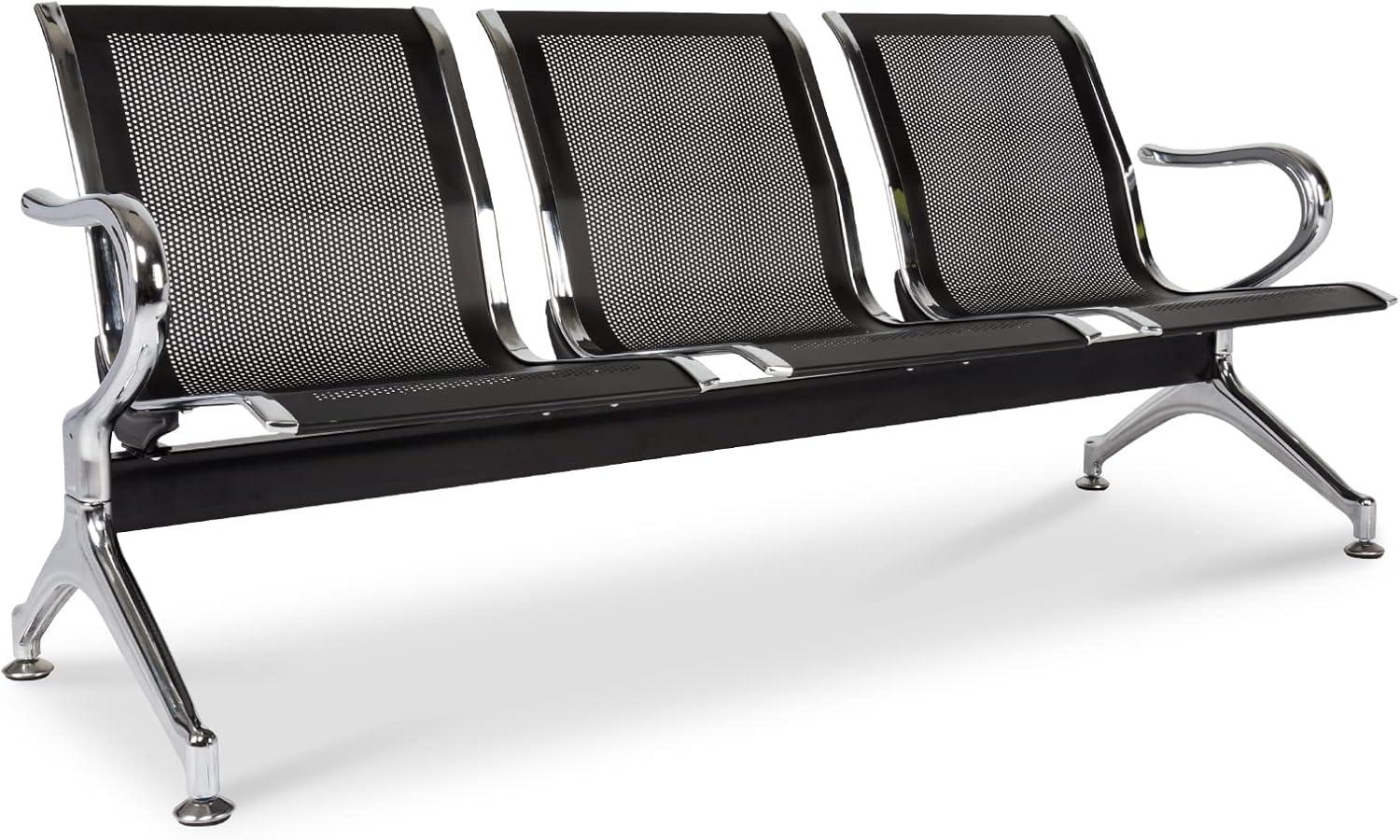 Kinbor Waiting Room Chairs, 3-Seat Reception Chairs Office Guest Waiting Furniture Bench Seating for Airport Bank Hospital, Black