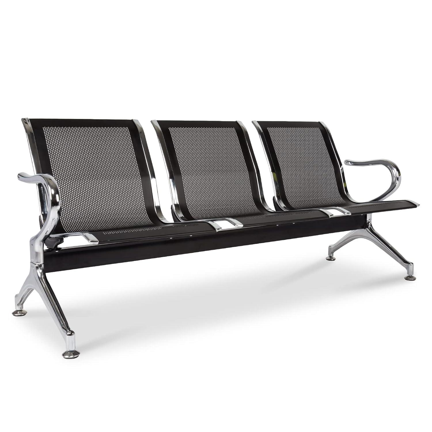 Kinbor Waiting Room Chairs, 3-Seat Reception Chairs Office Guest Waiting Furniture Bench Seating for Airport Bank Hospital, Black