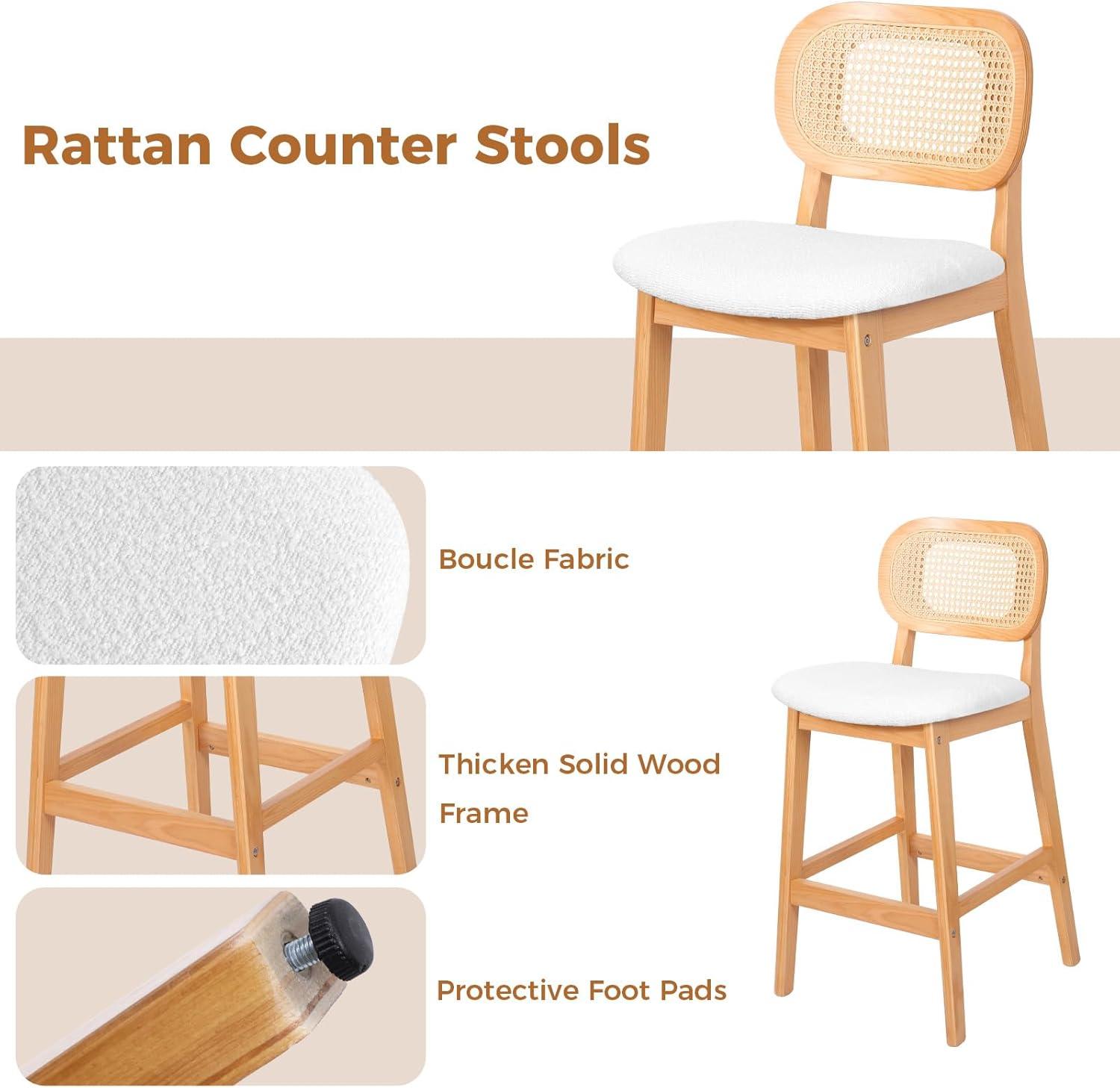 Lucky Monet 25.2" Upholstered Wood Counter Height Bar Stools w/ Rattan Back - 36.81"H x 17.72"W x 18.7"D Set of 3 - White Boucle Fabric/ Natural Frame