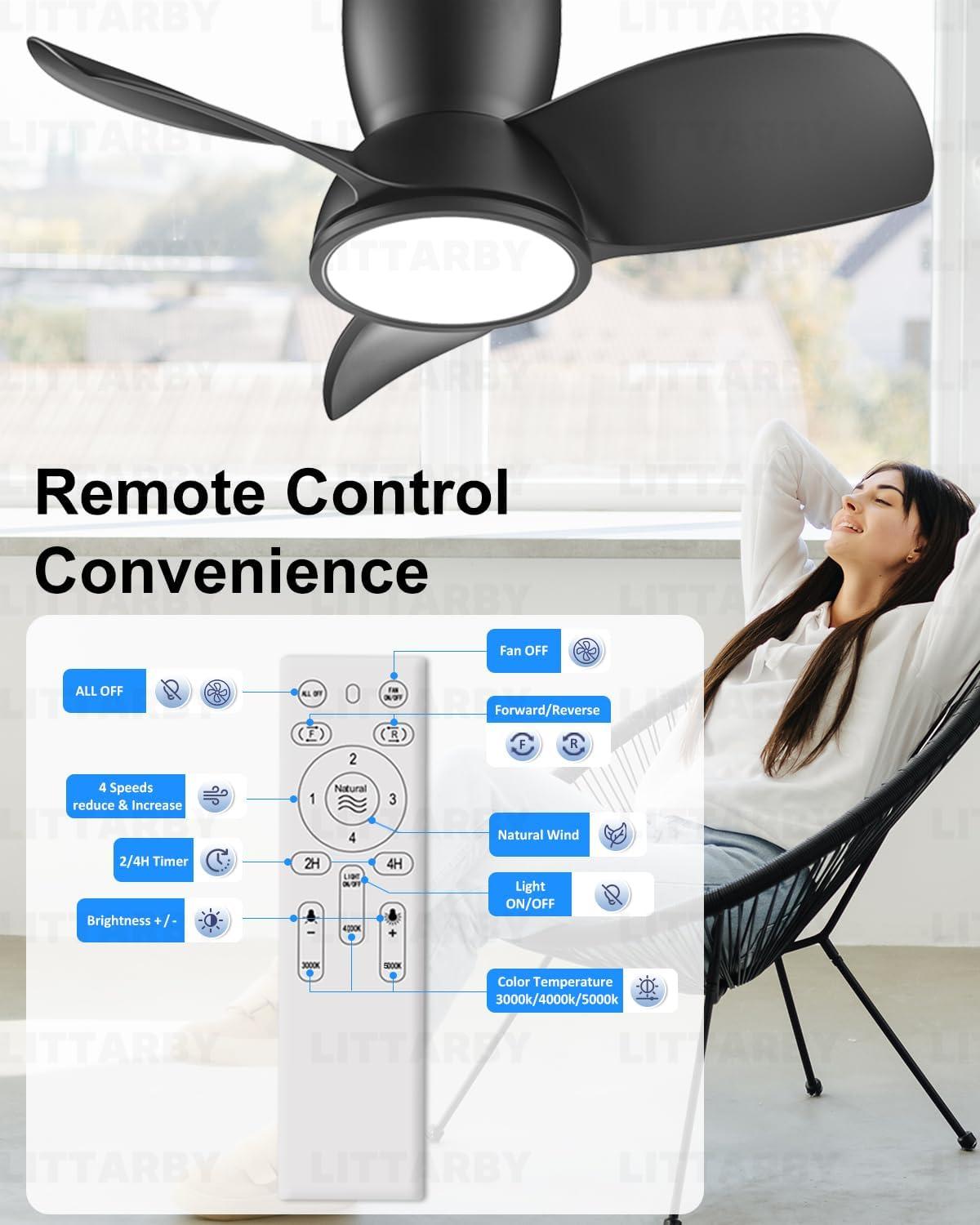 Ceiling Fans with Lights and Remote, 24 Inch Reversible Black Modern Dimmable 3CCT Flush Mount Ceiling Fans, Small Low Profile Ceiling Fan with Light for Bedroom, Kitchen, Living/Kids/Dining Room