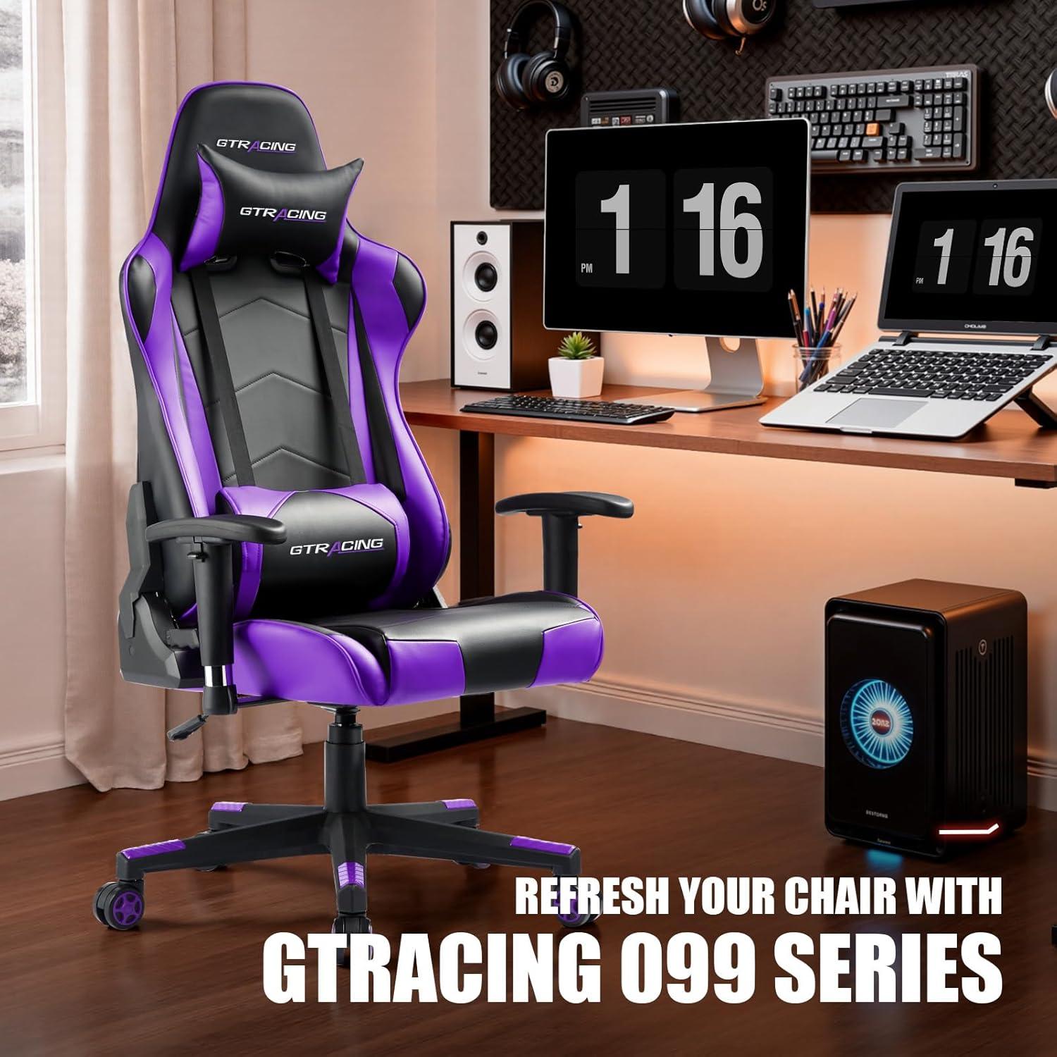 GTRACING Gaming Chair Office Chair PU Leather with Footrest & Adjustable Headrest, PURPLE