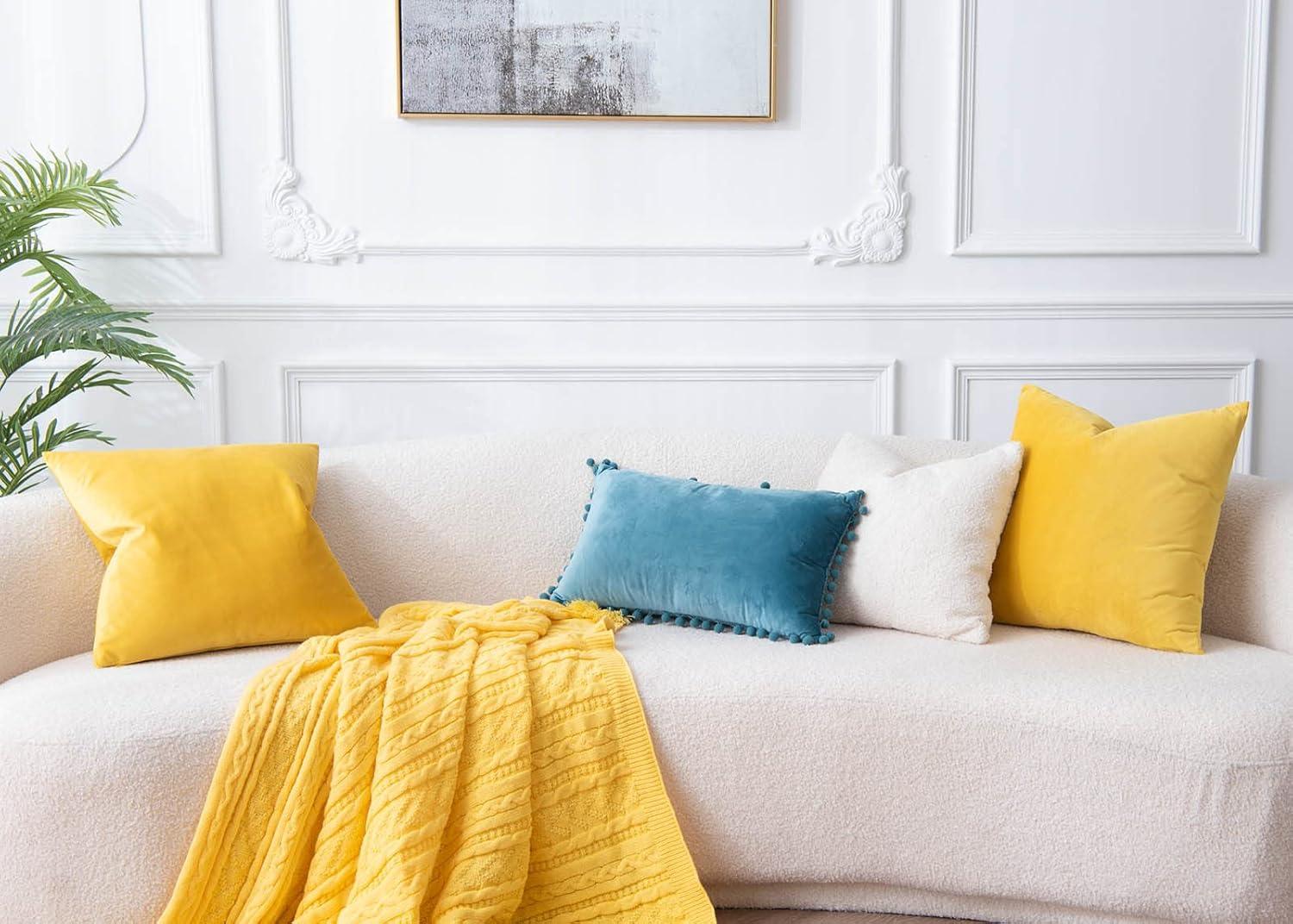 Deconovo Pack of 2 Velvet Pillow Covers Decorative Square Pillowcase Soft Solid Cushion Case for Home Decor Girl's Bedroom, Lemon Yellow, 26 x 26 inch