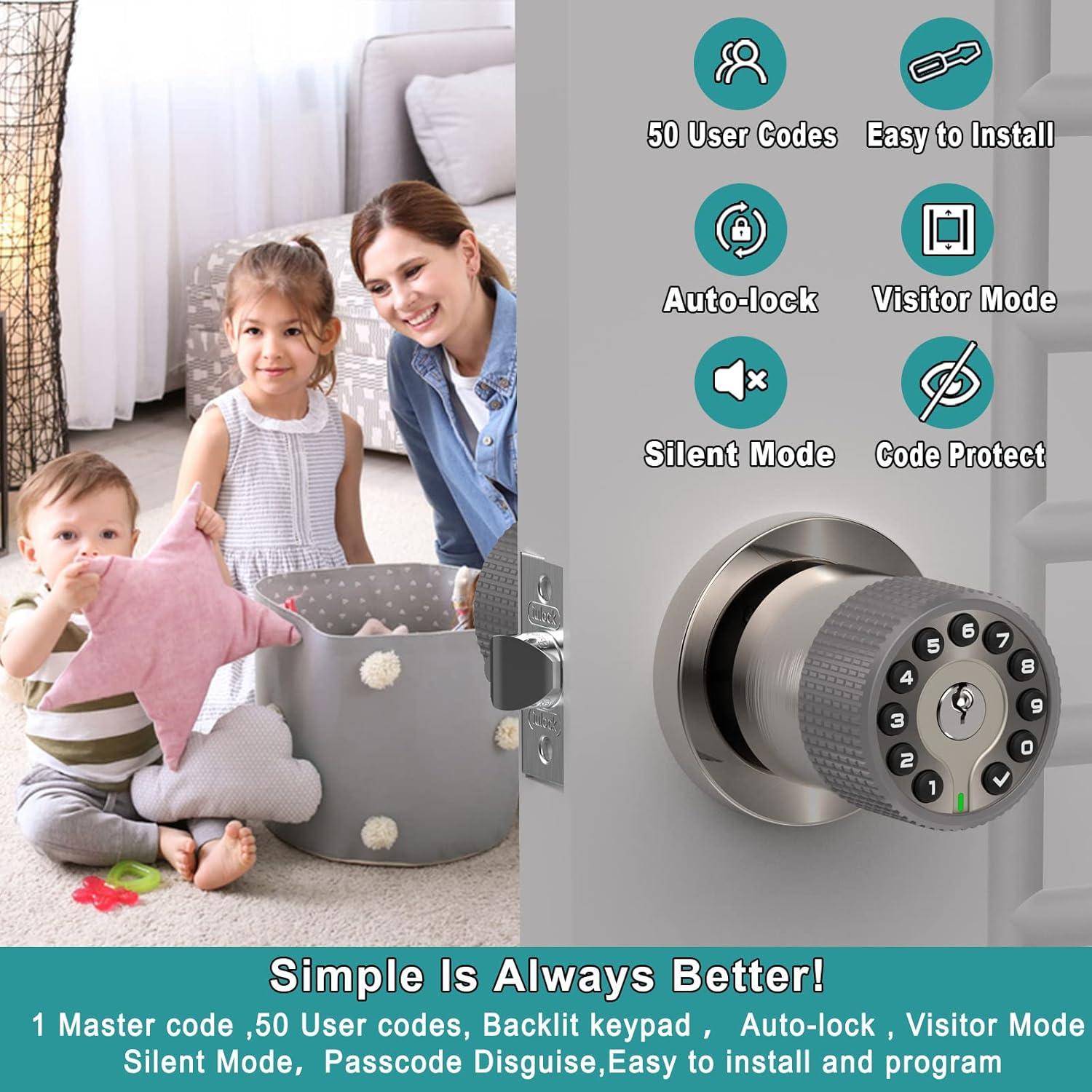 BOTHSTAR Keypad Door Knob with Key,Keyless Entry Door Lock, Code Locks Door Knob, Auto Lock,50 User Code,Easy to Install,for Home,Office,Hotel,Bedroom,Garage,No Deadbolt-Satin Nickel Finish