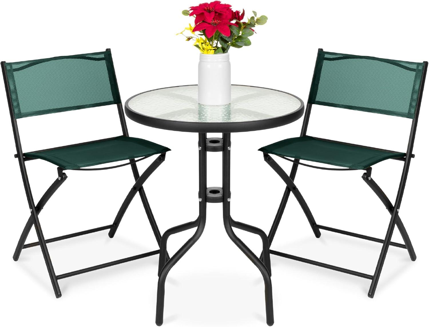 Best Choice Products 3-Piece Patio Bistro Dining Furniture Set w/ Glass Tabletop, Folding Chairs - Dark Green