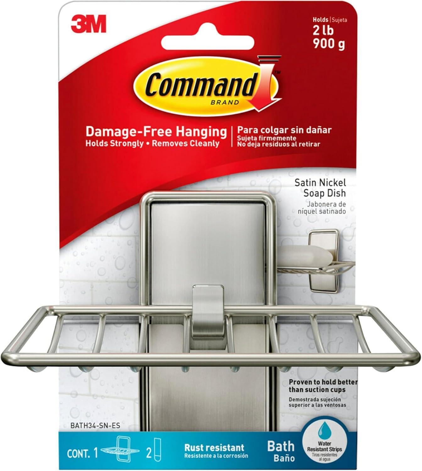 Command Soap Dish for Shower, Damage Free Hanging Bathroom, No Tools Bar Soap Holder, 1 Satin Nickel Soap Dish and 2 Water-Resistant Command Strips C38