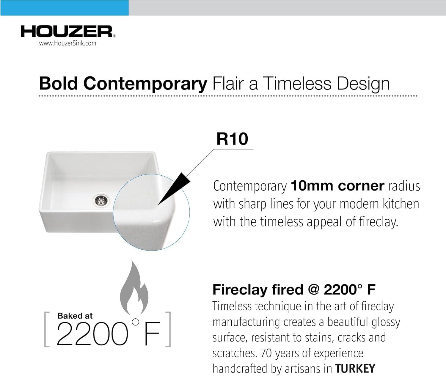 Houzer 30x20 inFireclay Apron Front Single Bowl Kitchen Sink w/ Strainer,Grid-PTS-4100 WH-C