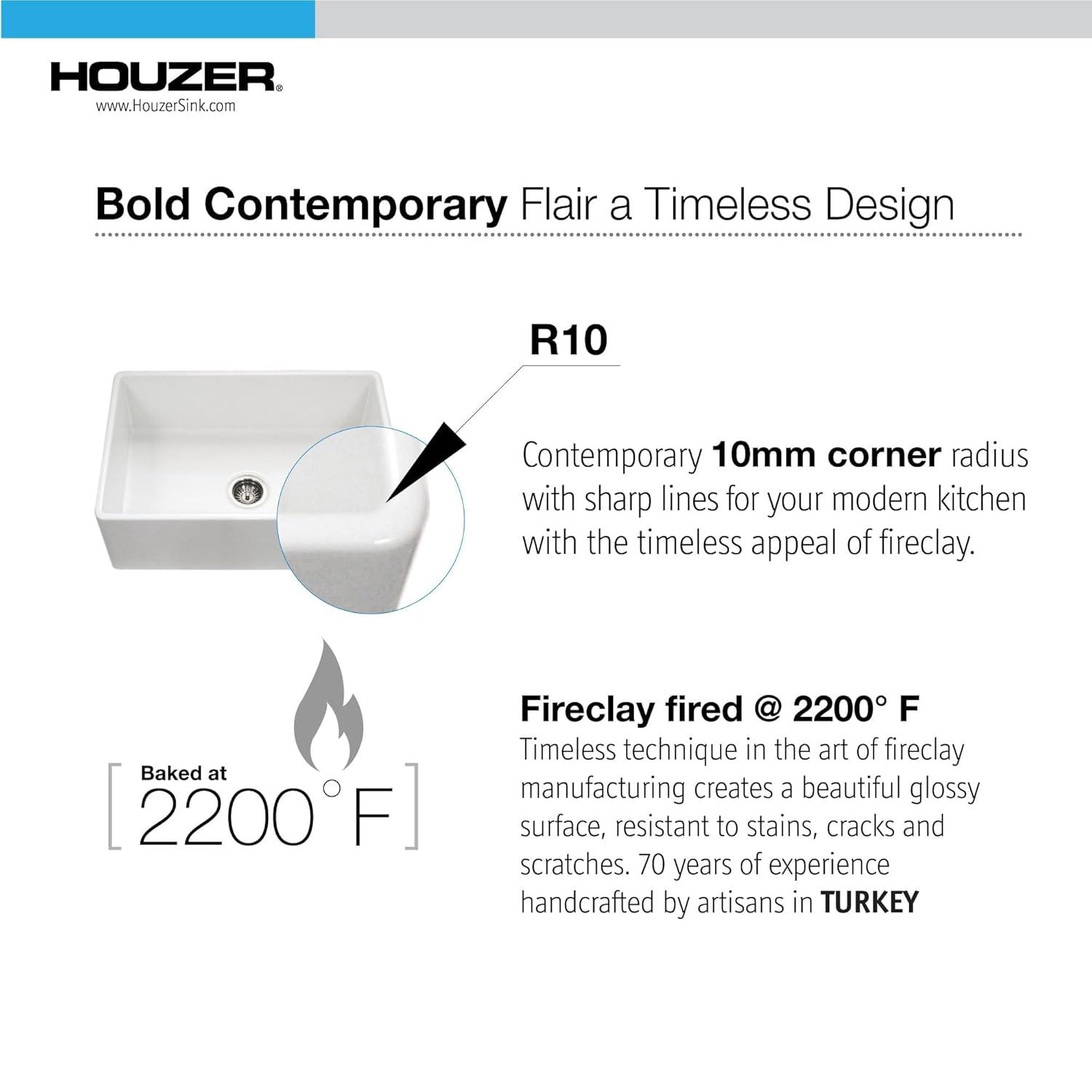 Houzer 30x20 inFireclay Apron Front Single Bowl Kitchen Sink w/ Strainer,Grid-PTS-4100 WH-C