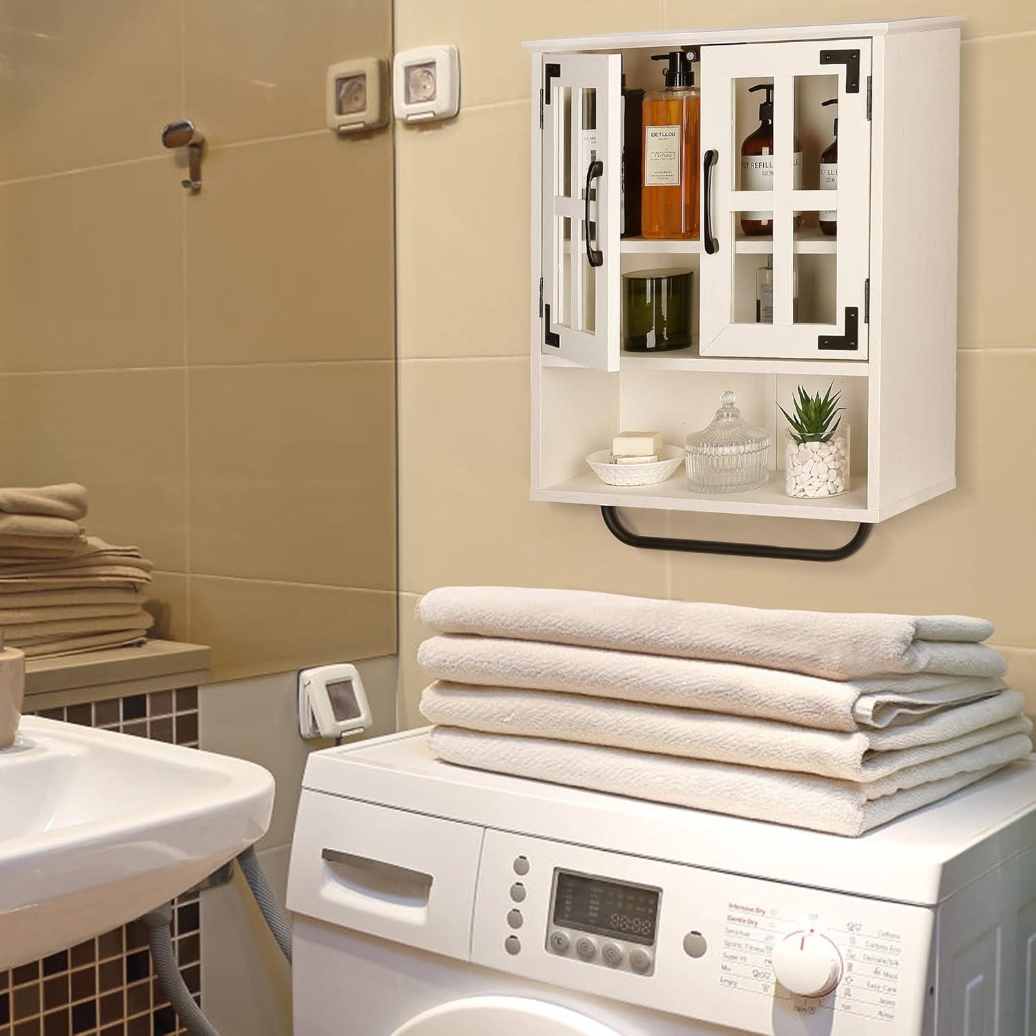 Wood Wall Storage Cabinet With Cross Glass Doors, Farmhouse Wall Mounted, 3 Tier Rustic Cabinet With Adjustable Shelves And Towel Bar For Bathroom, Living Room, Vintage White