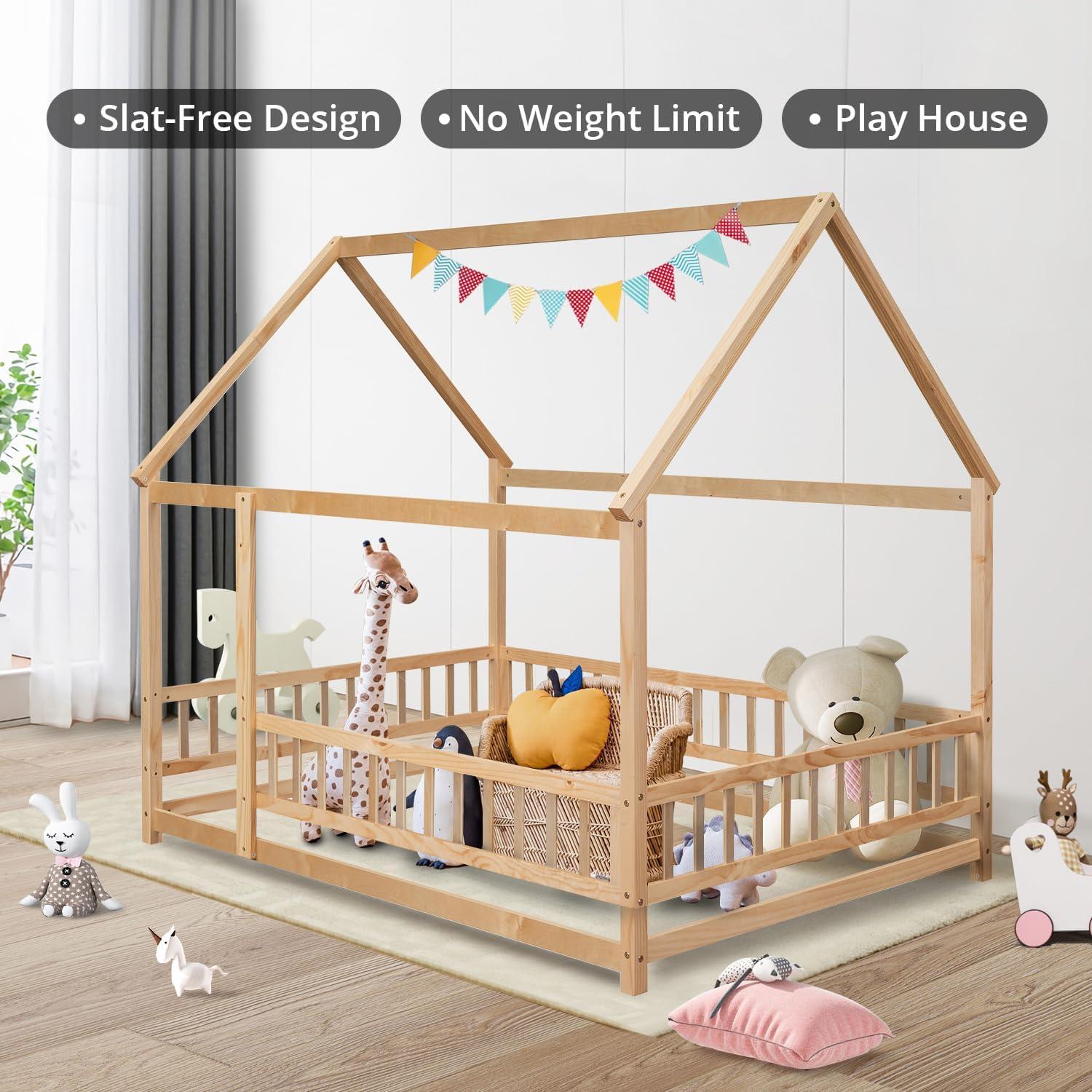 Montessori Floor Bed, Wood Twin House Bed with Roof and Fence-Shaped Rails, Twin Size Floor Bed for Girls & Boys, Natural