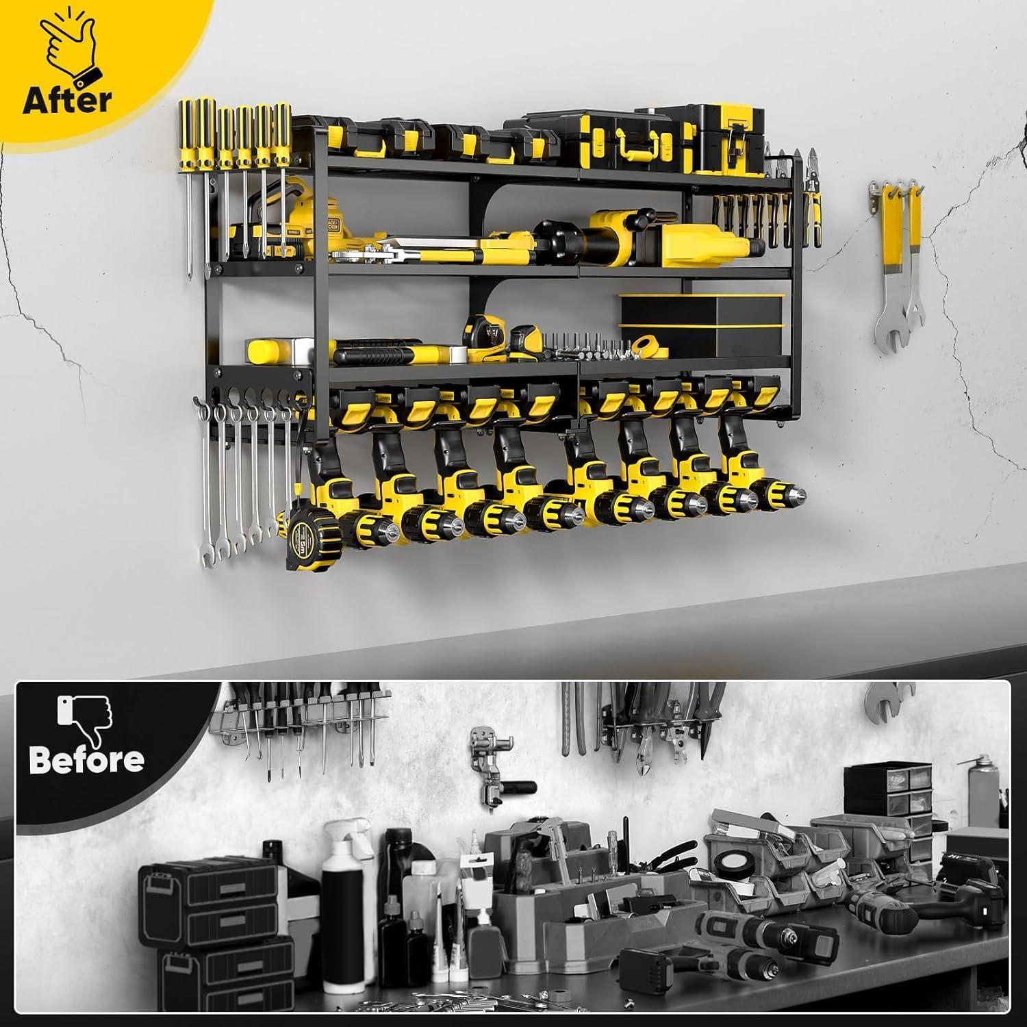 Heavy Duty Black Steel Wall Mount Power Tool Organizer with 8 Drill Holders