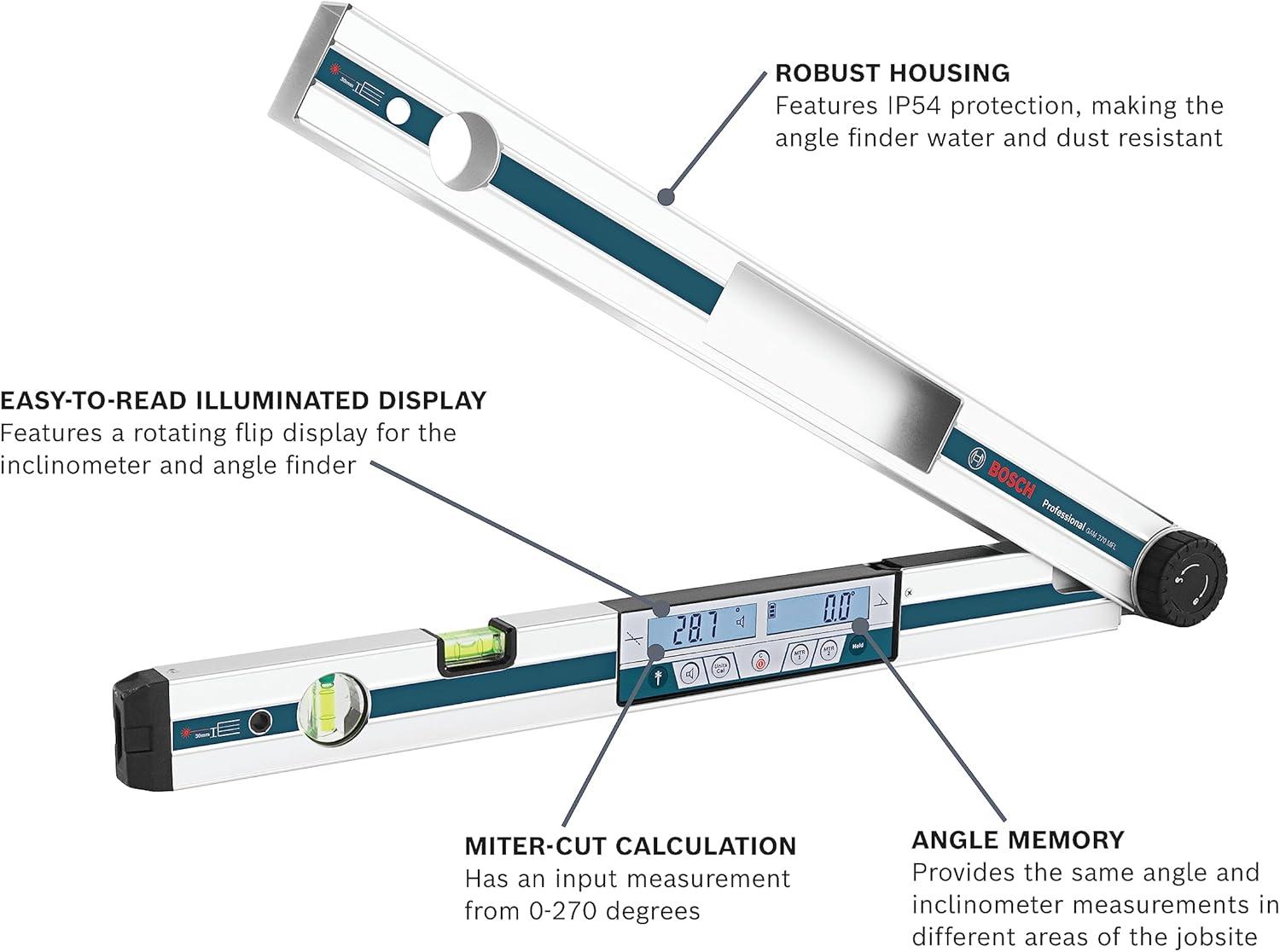 Miter Finder Digital Angle Finder Features Inclinometer, Miter Cut Calculator, Protractor, Digital Level with Case