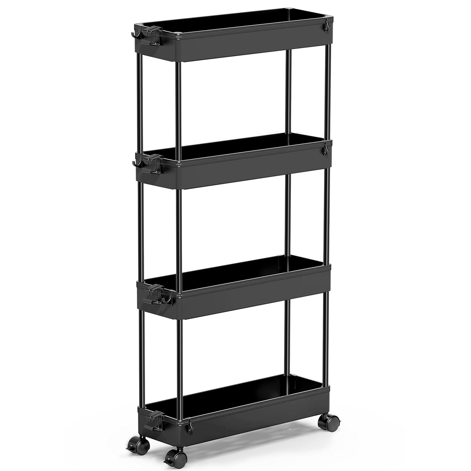 Black 4-Tier Rolling Storage Cart with Adjustable Shelves