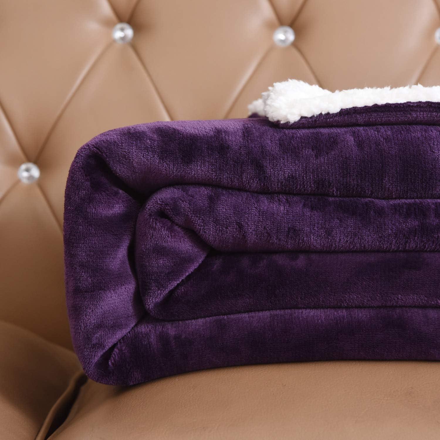 Purple and White Reversible Sherpa Fleece Throw Blanket