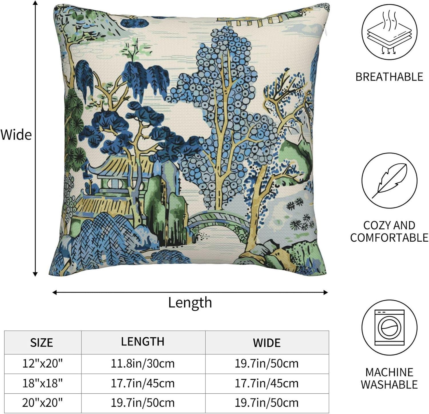 Chinoiserie Pillow Covers 20 x 20 Set of 2 Asian Scenic Linen Throw Pillow Cover Vintage Blue and Green Farmhouse Decorative Pillowcases for Living Room Couch Bed Sofa Outdoor
