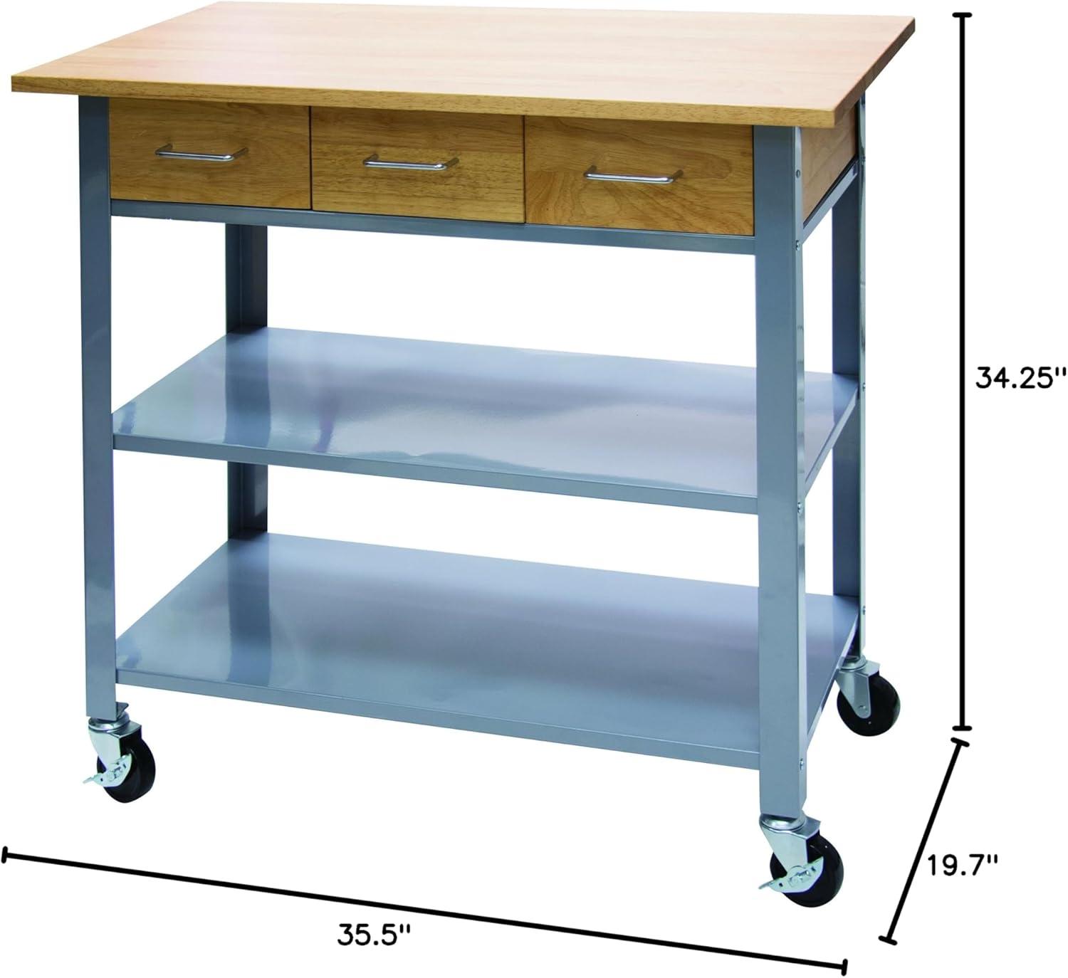 Oak and Gray Rolling Countertop Bar Cart with Drawers