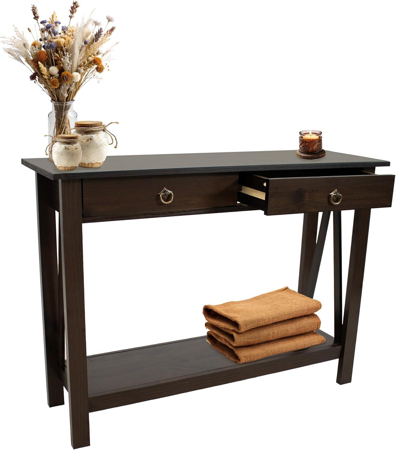 Sunnydaze Indoor Console Table with 2 Drawers and Shelf - Solid Pine Construction - Dark Brown - 42"