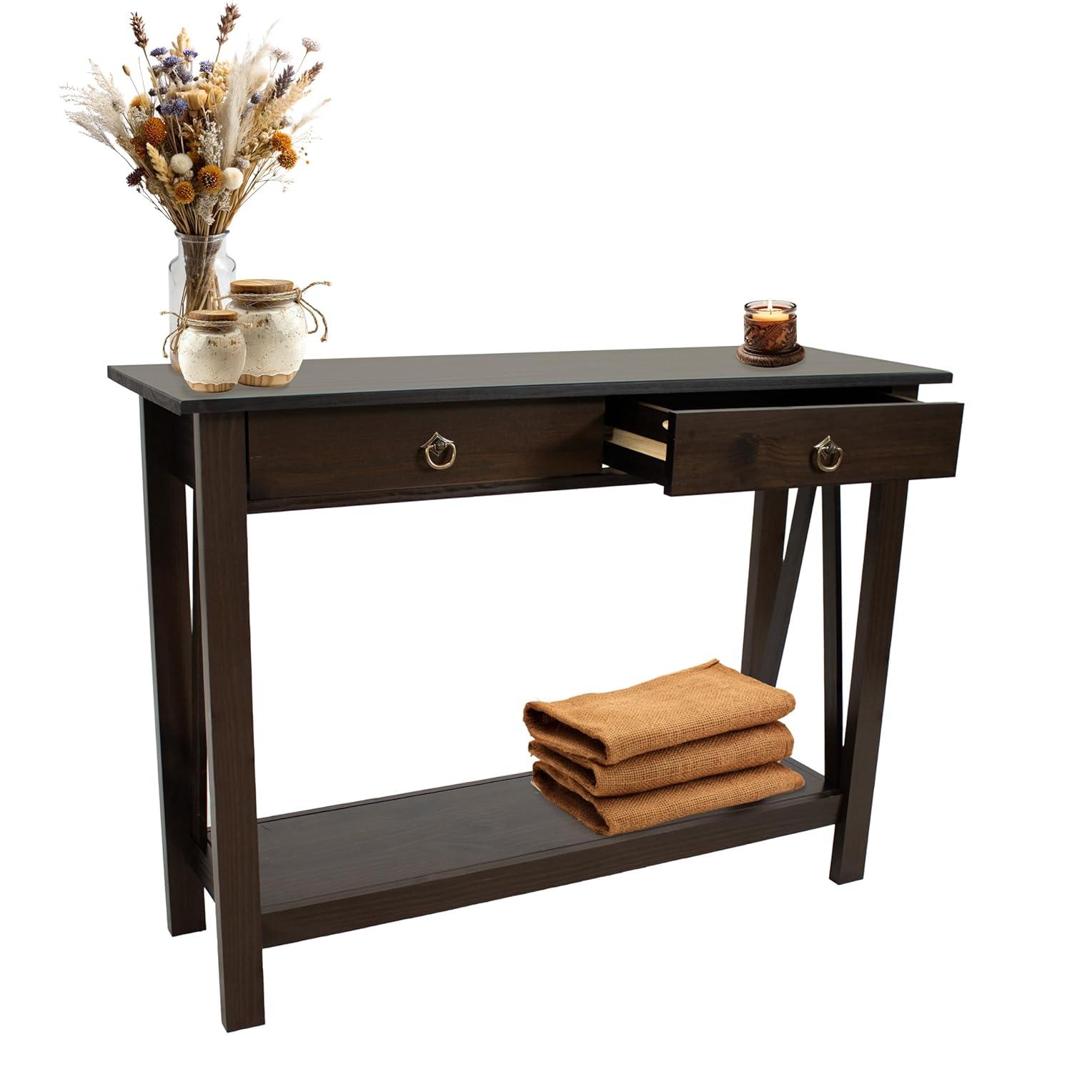 Sunnydaze Indoor Console Table with 2 Drawers and Shelf - Solid Pine Construction - Dark Brown - 42"
