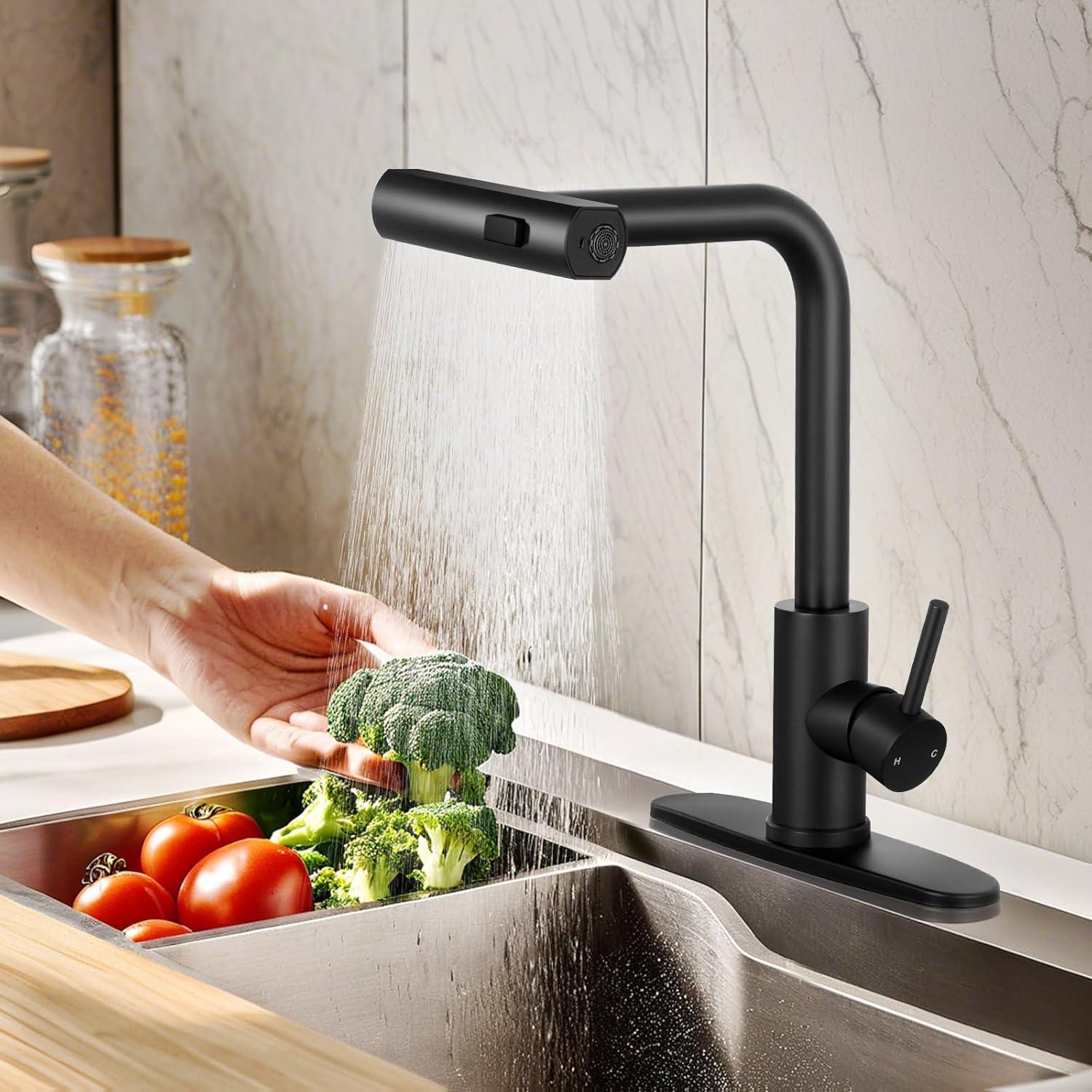 Kitchen Faucets With Pull Down Sprayer Matte Black Waterfall Rv Kitchen Sink Faucet With Sprayer 3-Mode Commercial High Arc Single Hole Or 3 Hole Stainless Steel Laundry Faucet With 360° Swivel