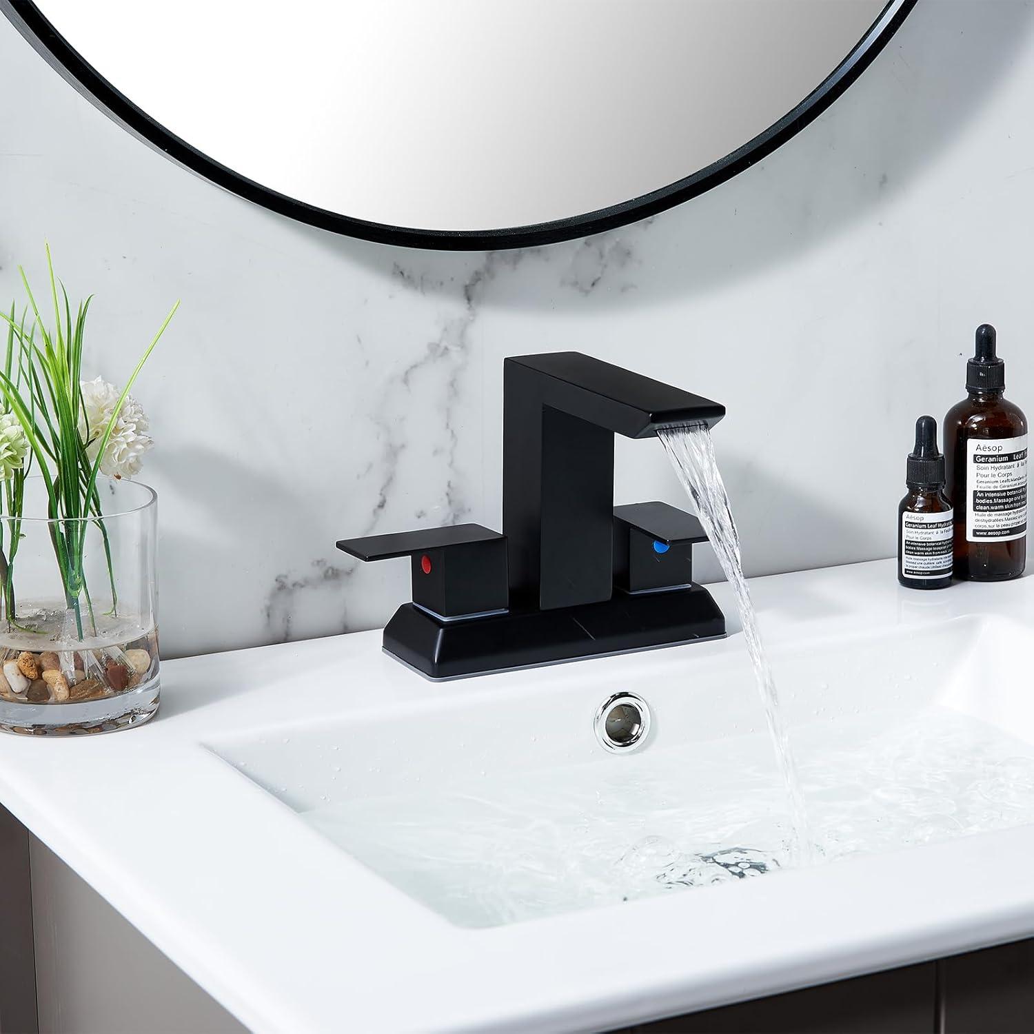 SHACO Black 4 Inch Centerset Bathroom Faucets 3 Hole or 2 Hole, Matte Black 2 Handle Waterfall Vanity Faucet, Lavatory Mixer Tap RV Sink Faucet with Overflow Pop Up Drain and Hose, SC-ZT907B-NEW1
