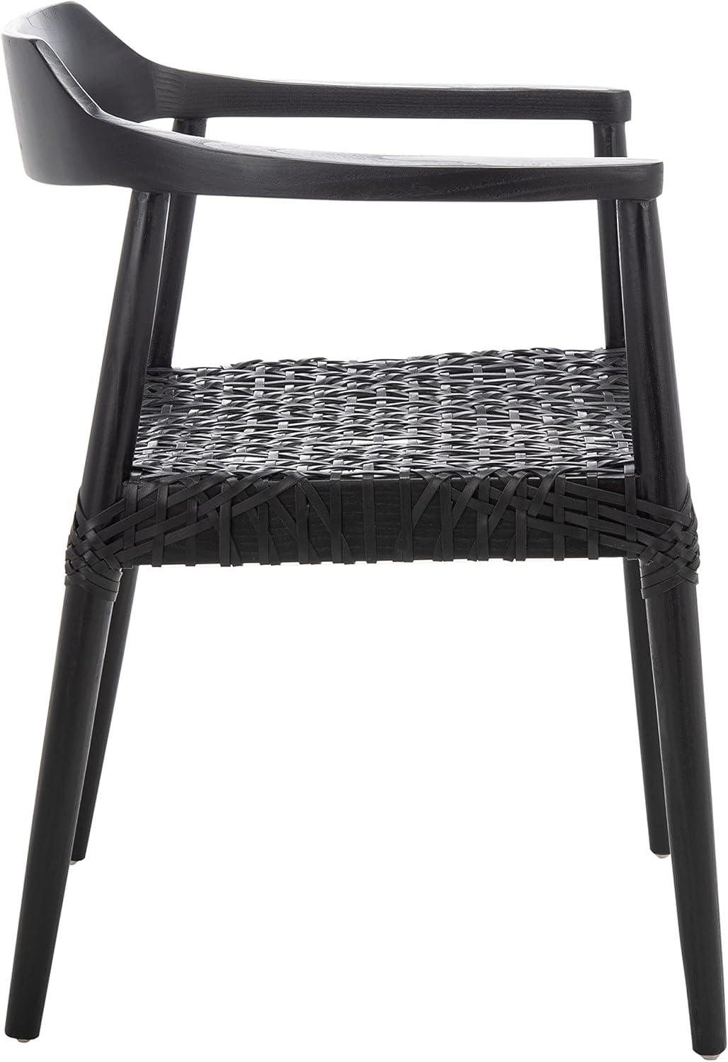 SAFAVIEH Munro Leather Woven Accent Chairs, Black (Sungkai Wood Frame)/Black (Leather Seat) (22 in. W x 20.5 in. D x 28.5 in. H)