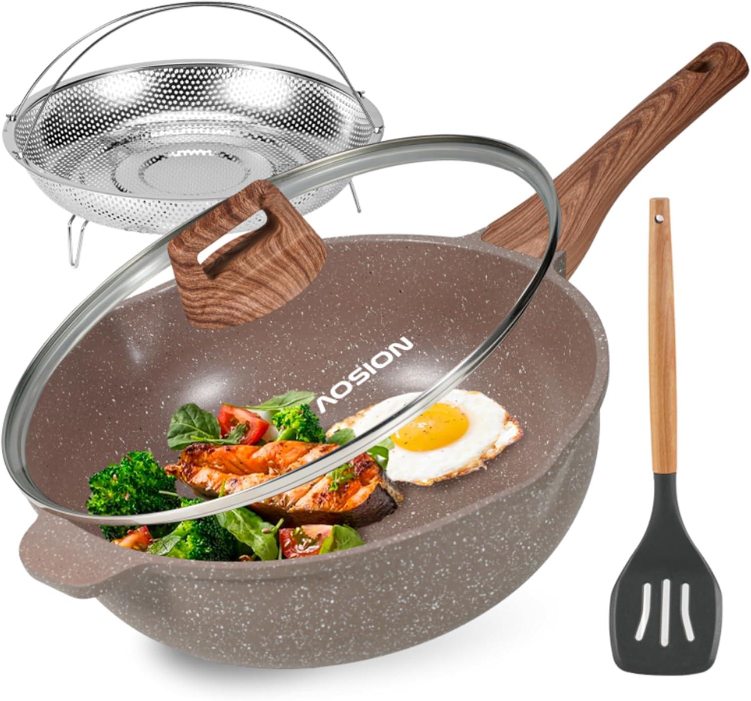 ARC 11 Inch Nonstick Deep Frying Pan Skille With Lid,5qt Sauté Pan For Cooking With Steam Rack,healthy Large Skillet,stay Cool Handle, Induction Compatible, Pfoa & Pfas Free. (brown)