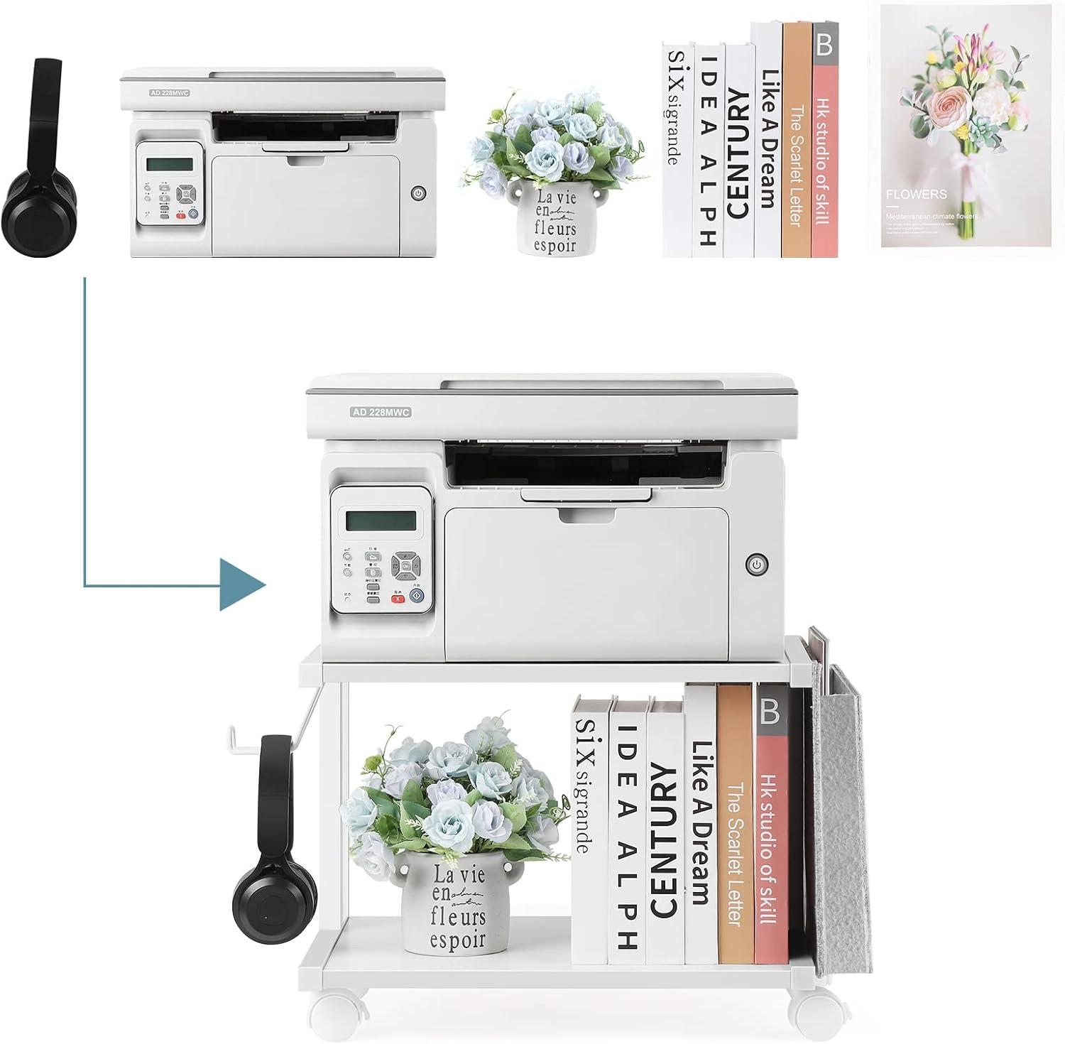 White 2-Tier Printer Stand with Storage Bag and Wheels