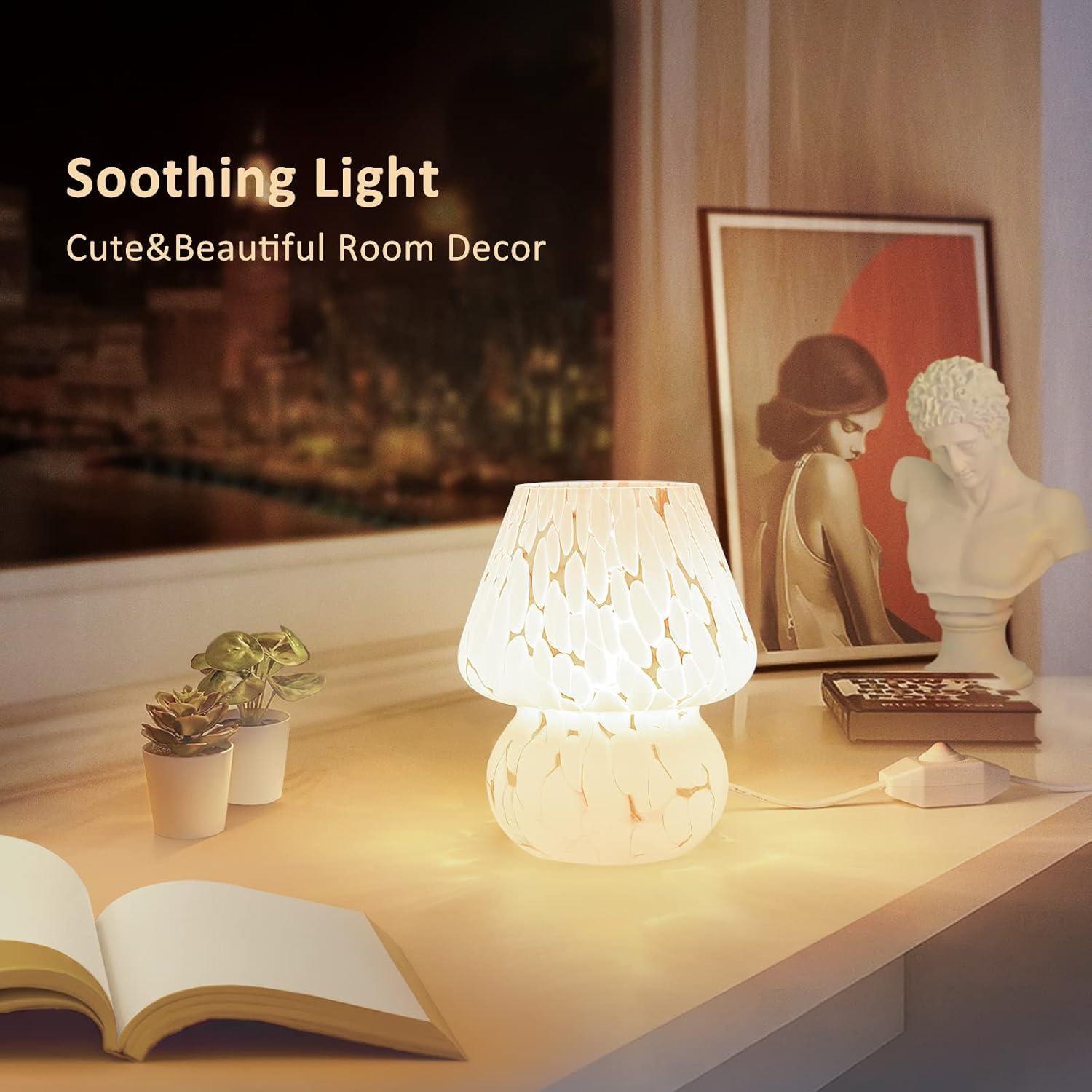 Mushroom Table Lamps Set of 2, Dimmable Glass Bedside Lamp, Cute Small Nightstand Lamp for Living Room, Bedroom, Home Decor, 7.1'' H, White