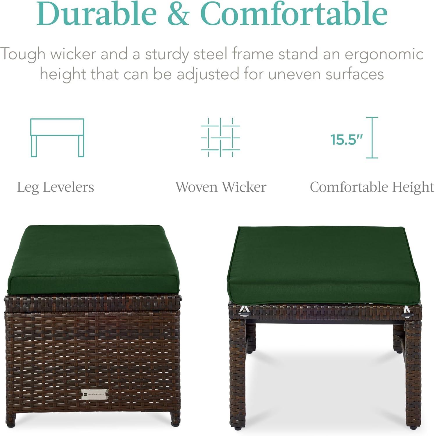 Dovecove Set Of 2 Multipurpose Patio Wicker Ottomans W/ Removable Cushions - Midnight Green/Brown