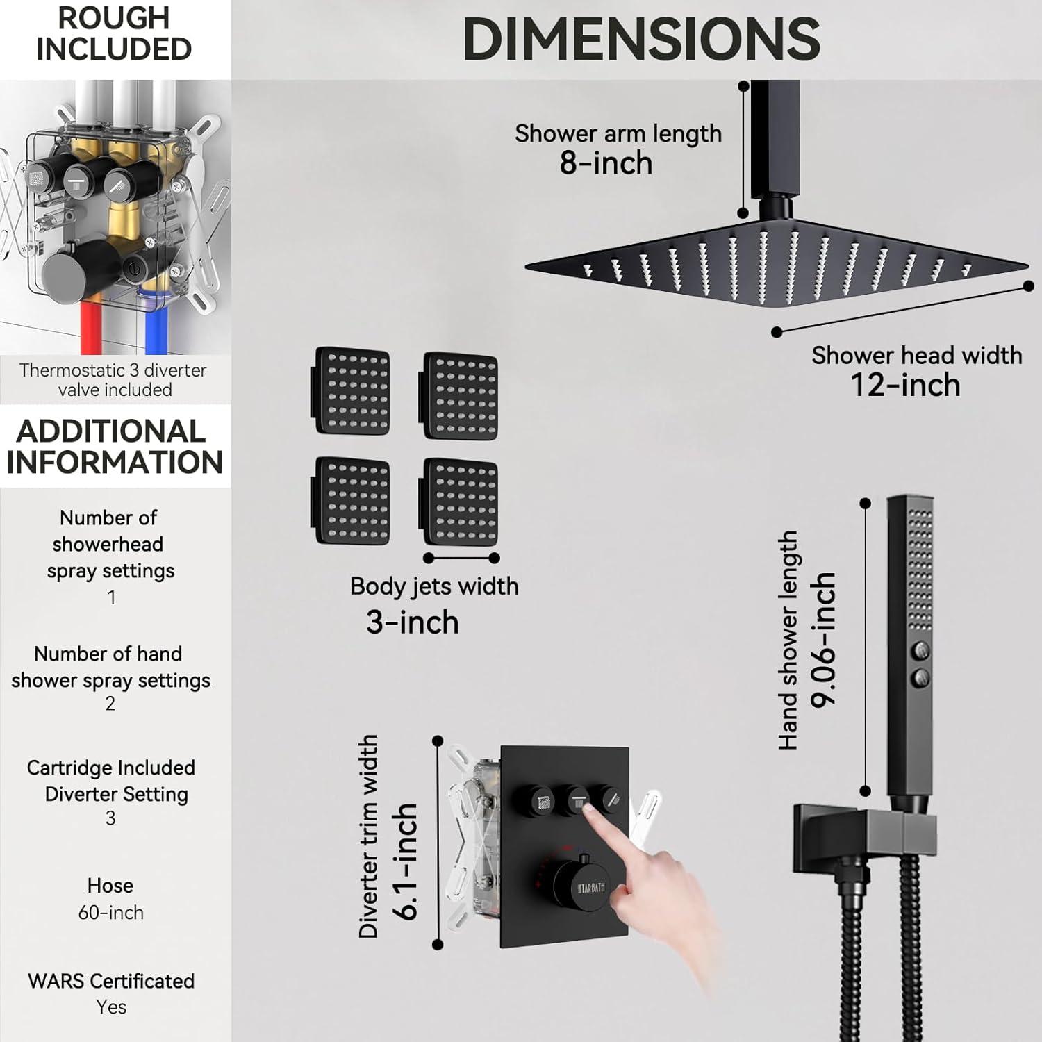 Revitalize 3-Function 12 Inch Wall Mount Rainfall Thermostatic Shower System with 6 Body Jets