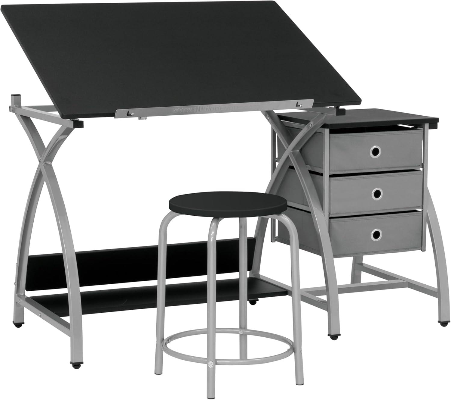 Comet Plus Drawing Table and Stool Set Silver/Gray - studio designs: Adjustable Top, Storage Drawers, Padded Seat