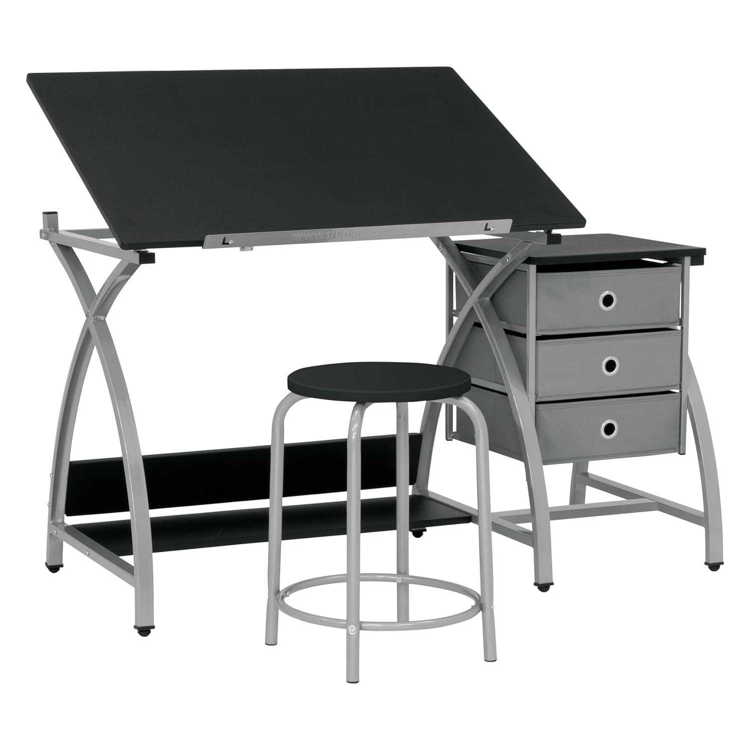 Comet Plus Drawing Table and Stool Set Silver/Gray - studio designs: Adjustable Top, Storage Drawers, Padded Seat