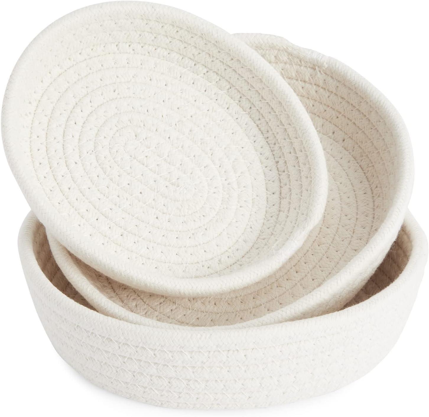 Juvale 3-Pack Small Round Cotton Rope Woven Storage Baskets - Nesting Bins for Organizing Home and Montessori Toys (White)