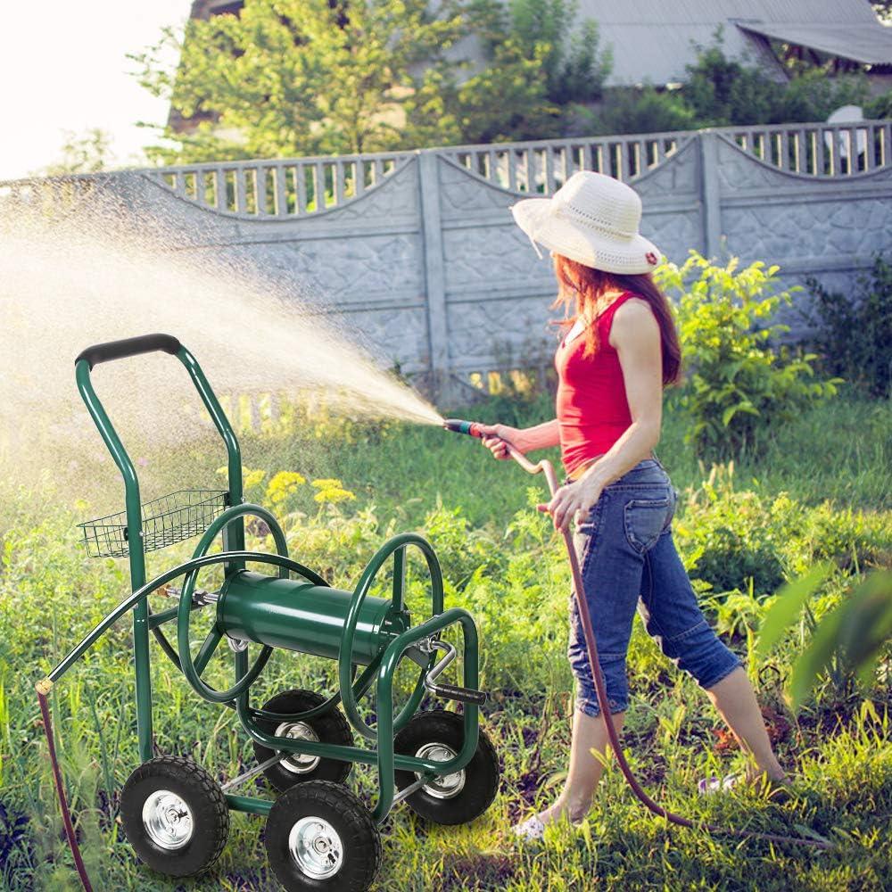 Garden Hose Reel Cart, Lawn Water Planting Cart with Wheels, Heavy Duty Outdoor Yard Water Planting Truck Holds 300-Feet of 5/8-Inch Hose with Storage Basket for Patio Farm(Green)