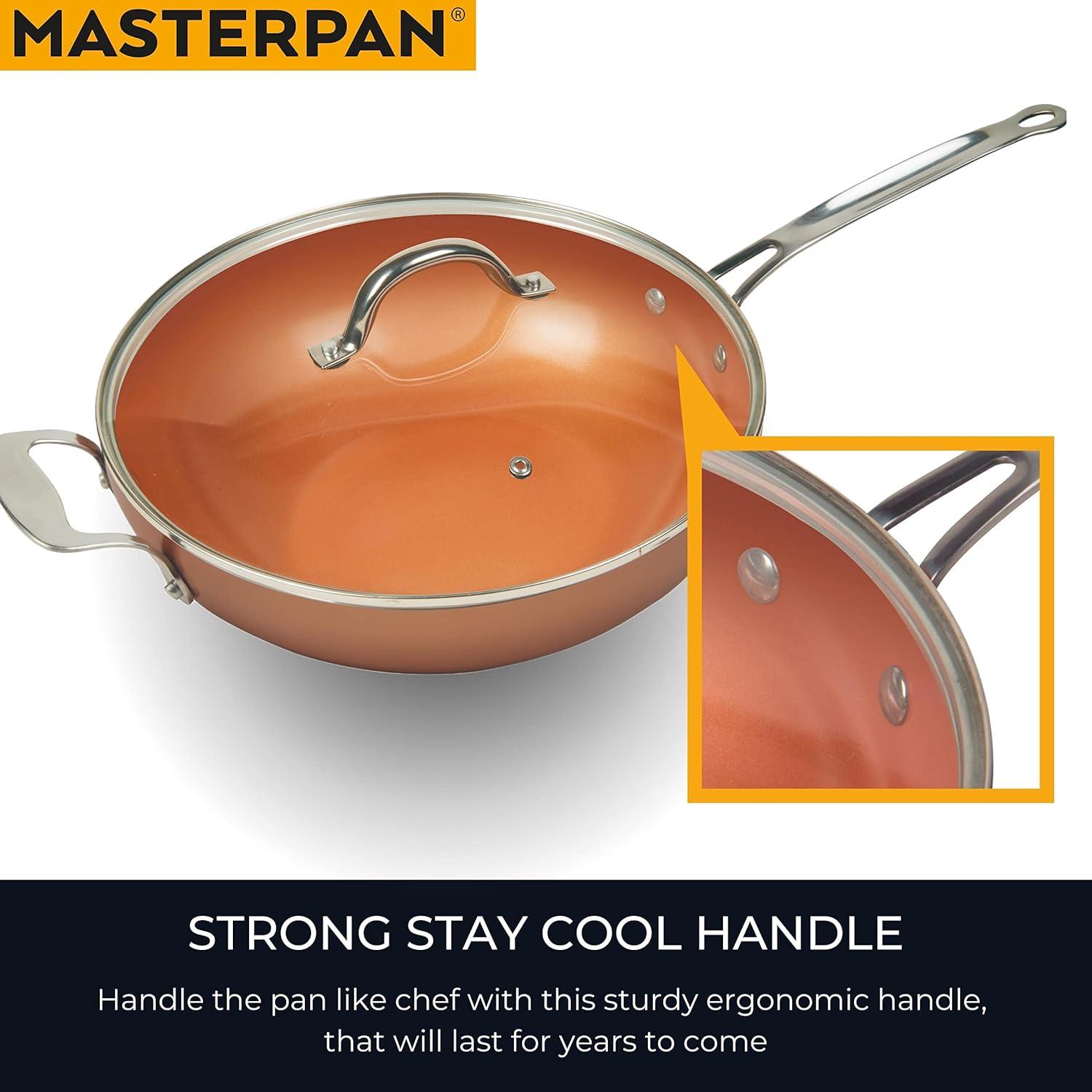 Masterpan MP-99 12 in. Chefs Wok & Glass Lid, Copper Color Ceramic Non-Stick Coating