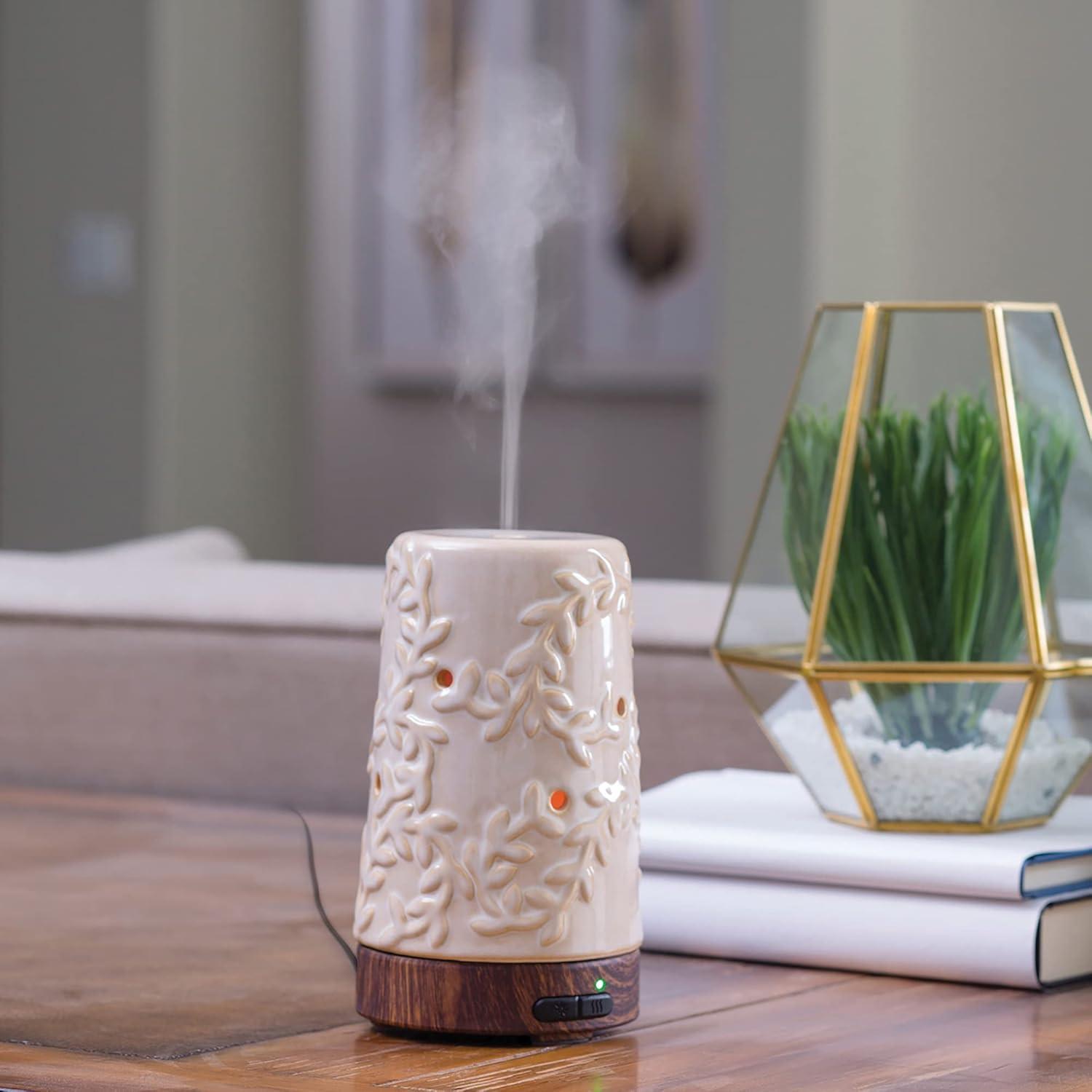 Flourish Cream Ceramic Essential Oil Diffuser with LED Lights, 100 mL