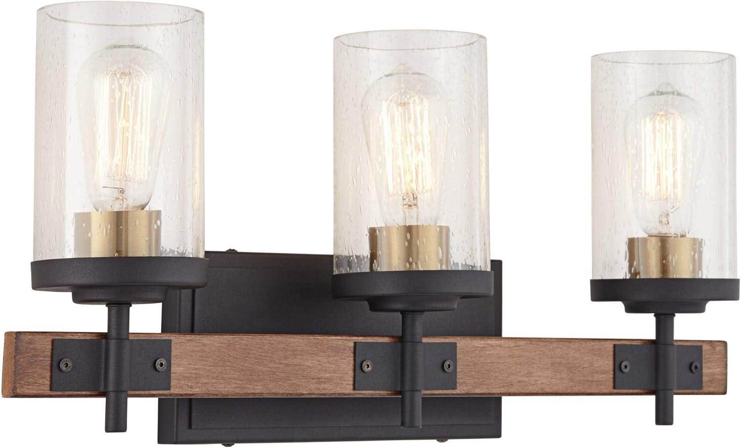 Possini Euro Design Kata Farmhouse Rustic Wall Light Black Faux Wood Hardwire 22" 3-Light Fixture Clear Seeded Cylinder Glass for Bedroom Bathroom