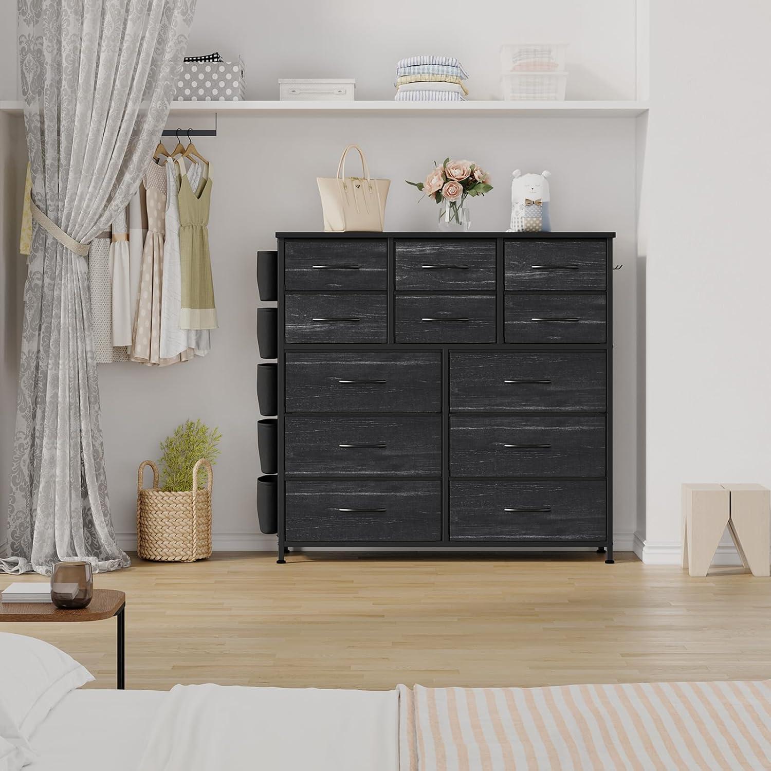 AOWOS Cómoda de 12 Cajones para Dormitorio, Torre de Almacenamiento de Tela, Cómoda Negra con Tapa de Madera, Estructura de Acero Resistente, Unidad Organizadora de Almacenamiento