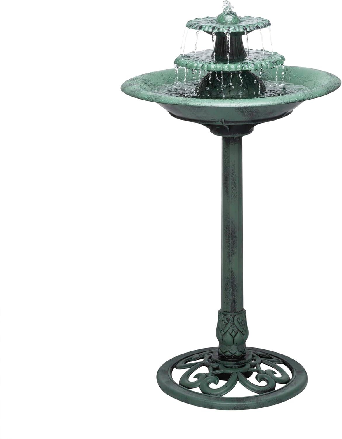 Alpine Corporation 3-Tier Outdoor Vintage Pedestal Fountain Bird Bath, Green