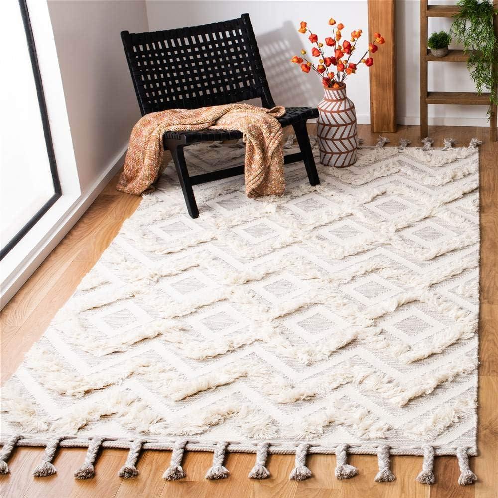 Ivory Geometric Hand-Knotted Wool Area Rug with Tassels