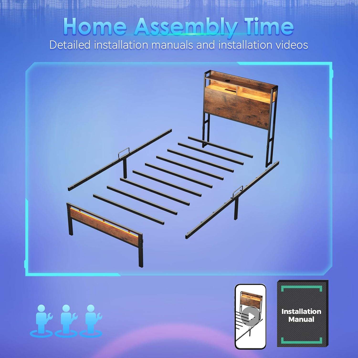 Sofanext Twin Bed Frames, Storage Headboard with Charging Station, RGB Light Strips, Solid and Stable, Noise Free, No Box Spring Needed, Easy Assembly, Rustic Brown
