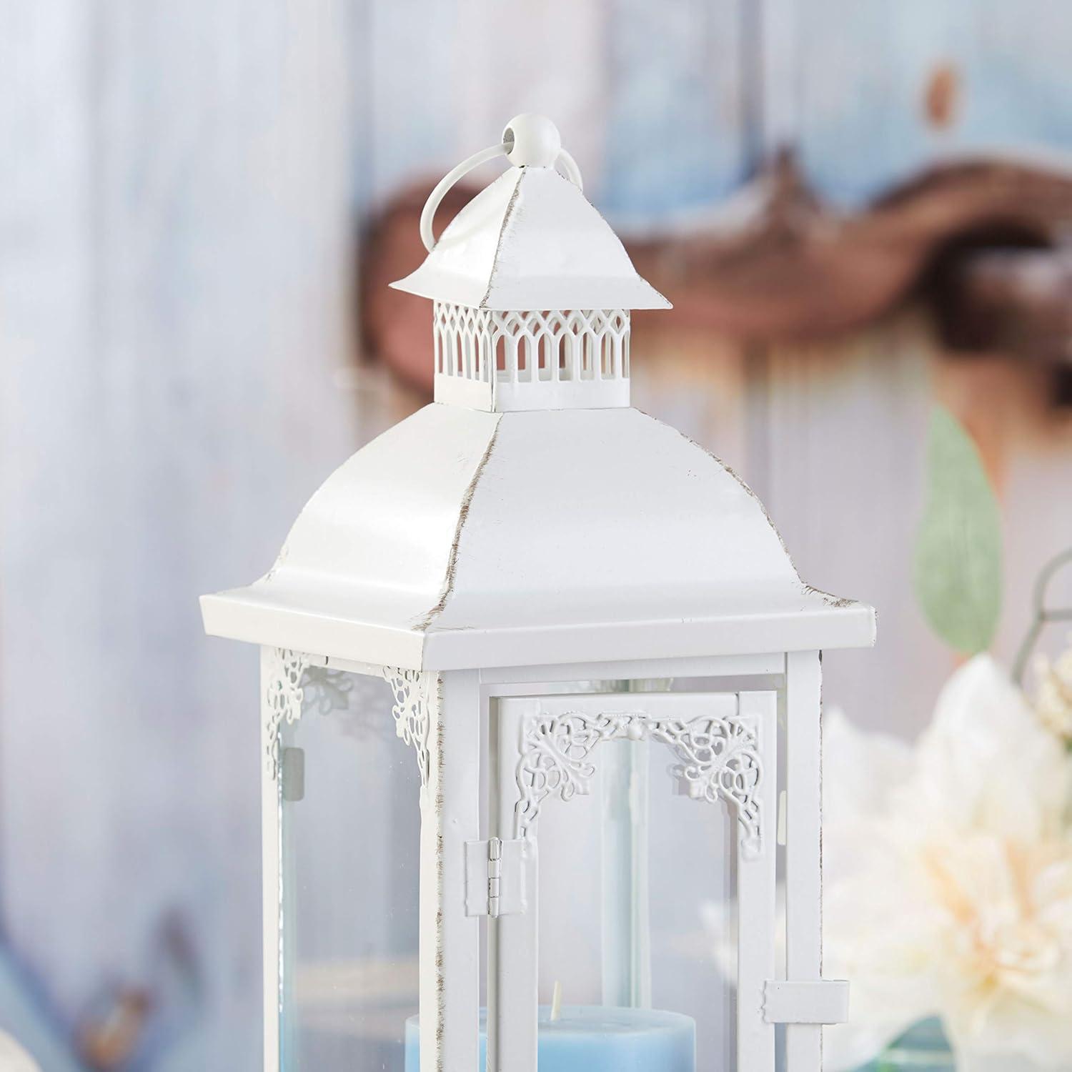 Vintage Rustic White Metal Candle Lantern - 14" Height